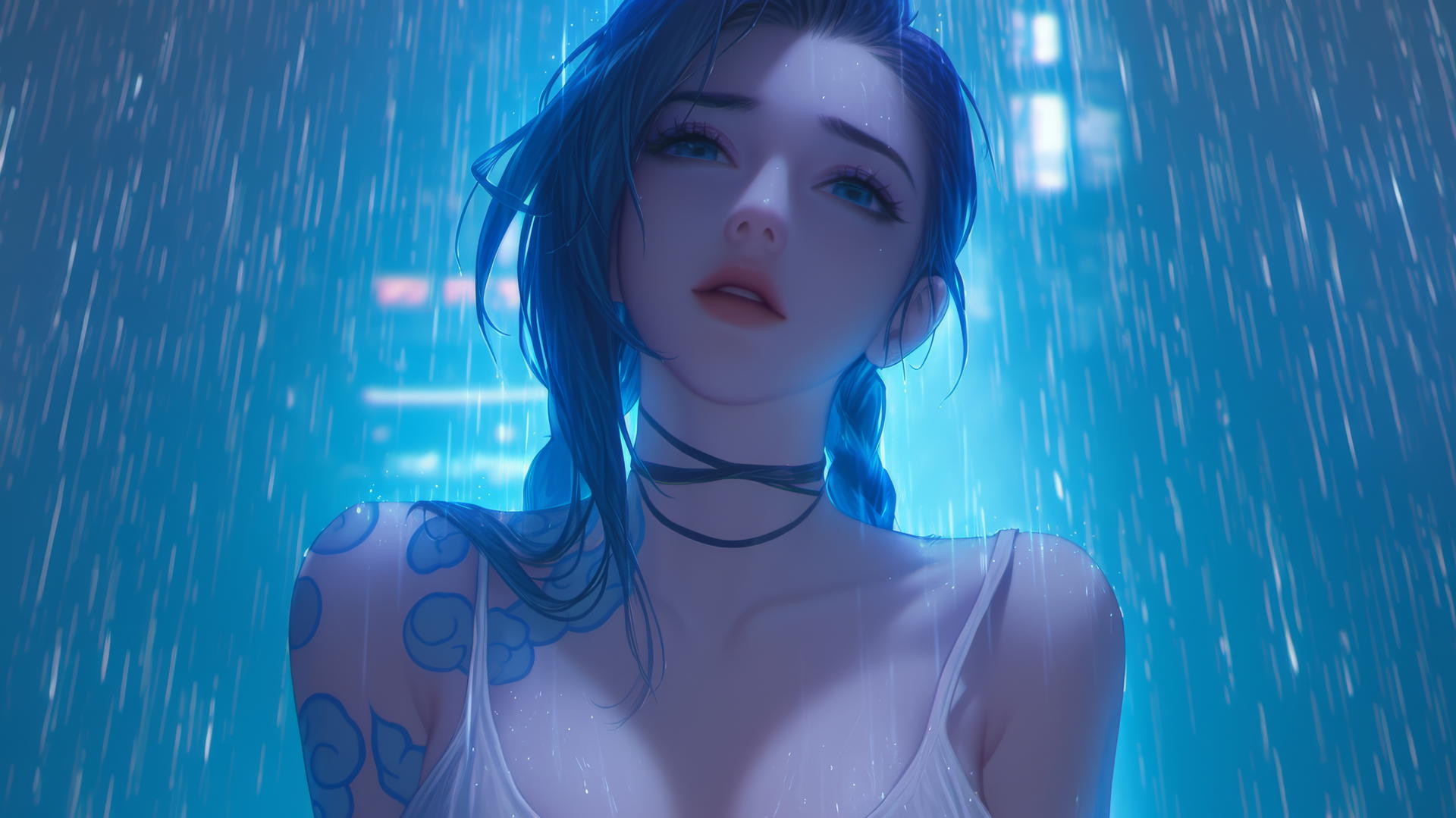 Jinx from League of Legends kneeling, wearing a broken white t-shirt, with neon lights casting a glow.