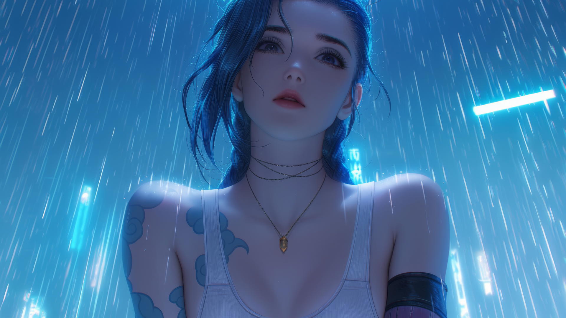 Jinx from League of Legends kneeling and looking down with neon-lit hotel ceiling background.
