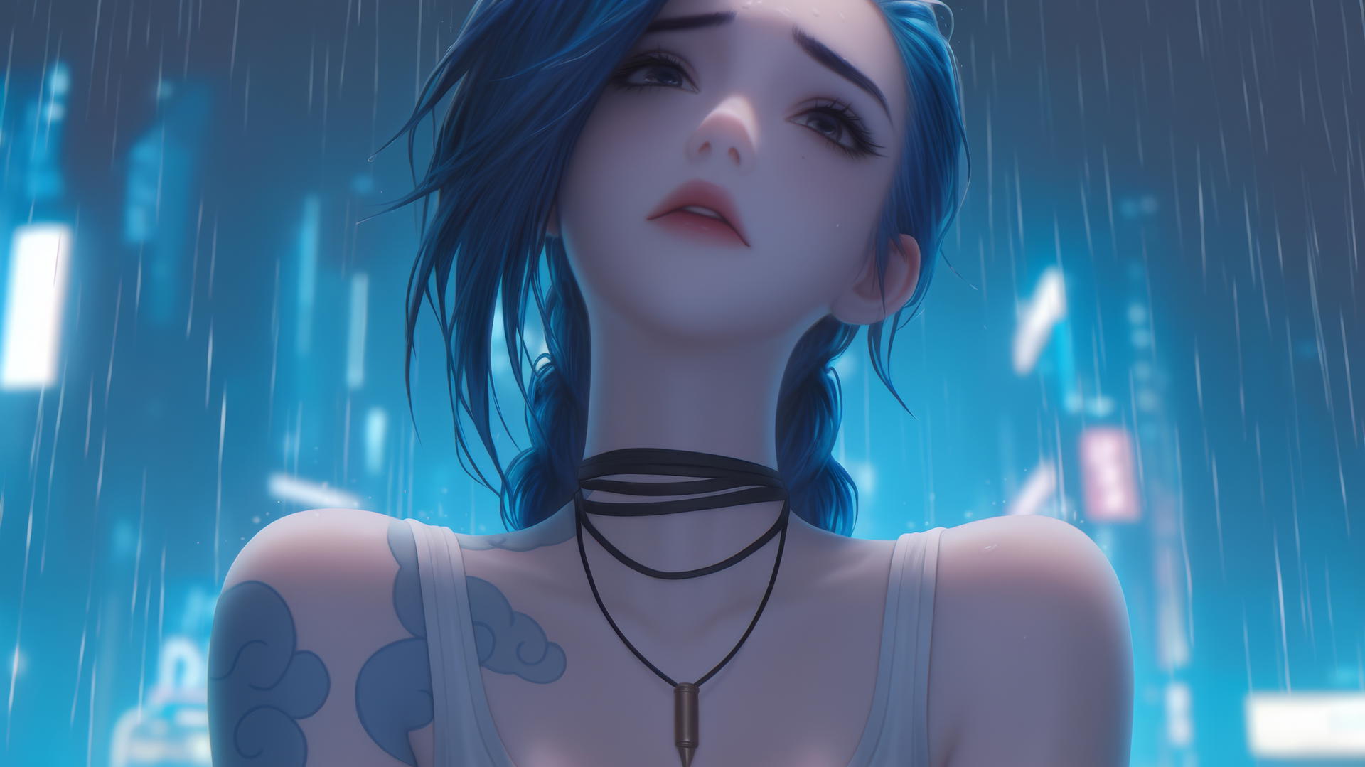 Jinx from League of Legends kneeling, wearing broken white t-shirt, neon-lit hotel ceiling background.