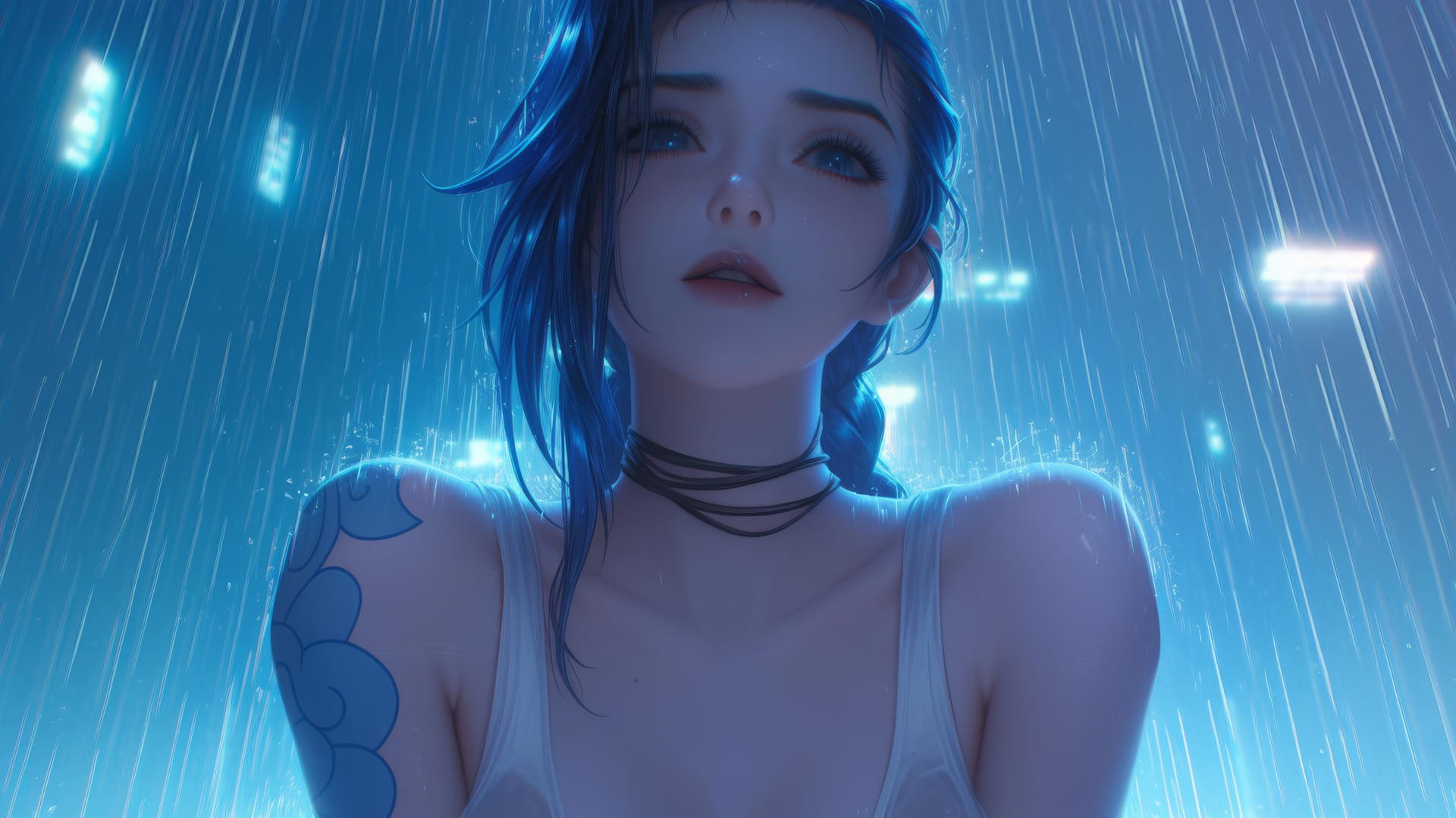 Jinx from League of Legends, in broken white t-shirt, neon-lit hotel ceiling background, rainy