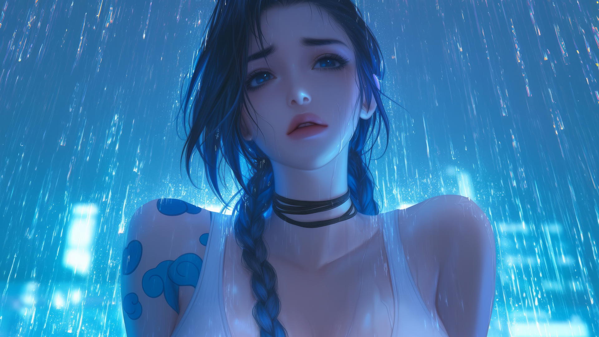 Jinx from League of Legends kneeling, seen from below with neon-lit hotel ceiling.