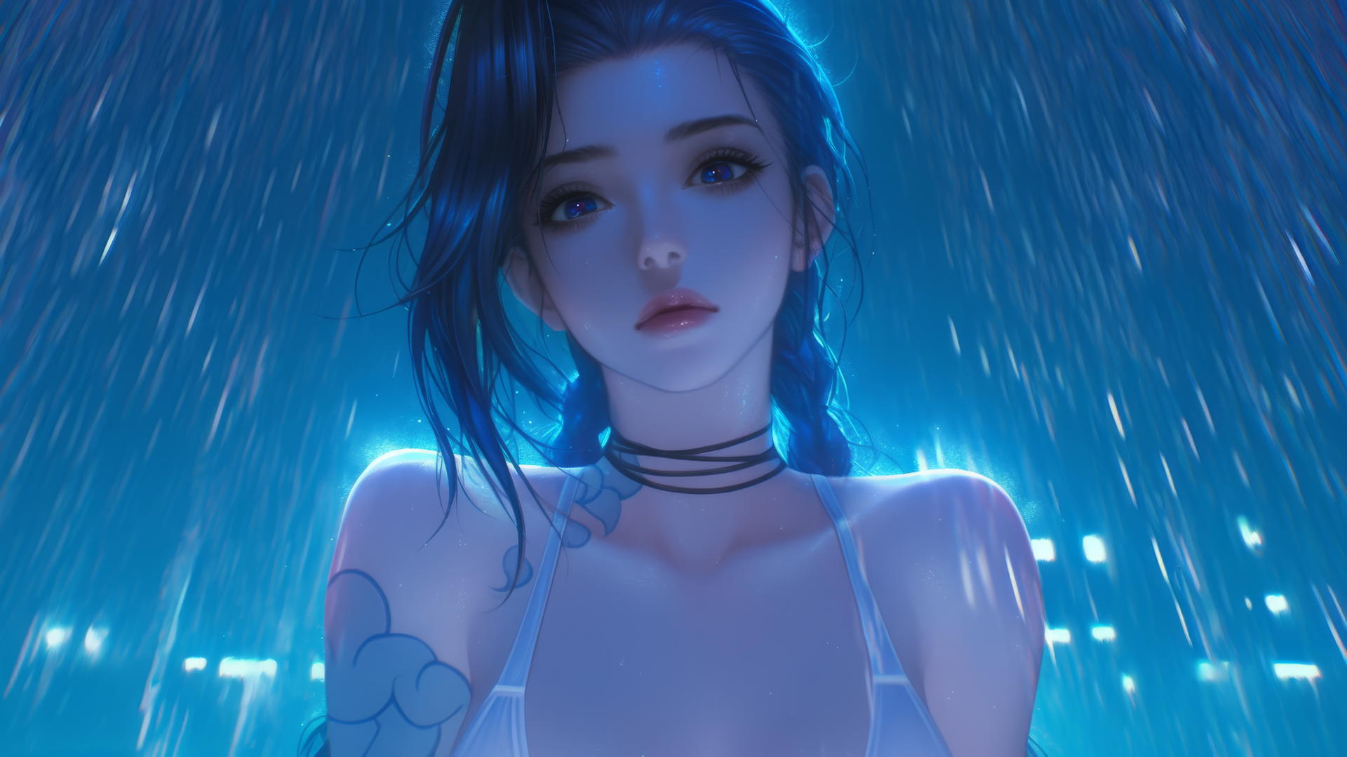 Jinx from League of Legends kneeling, wearing a broken white t-shirt, with neon-lit hotel ceiling.
