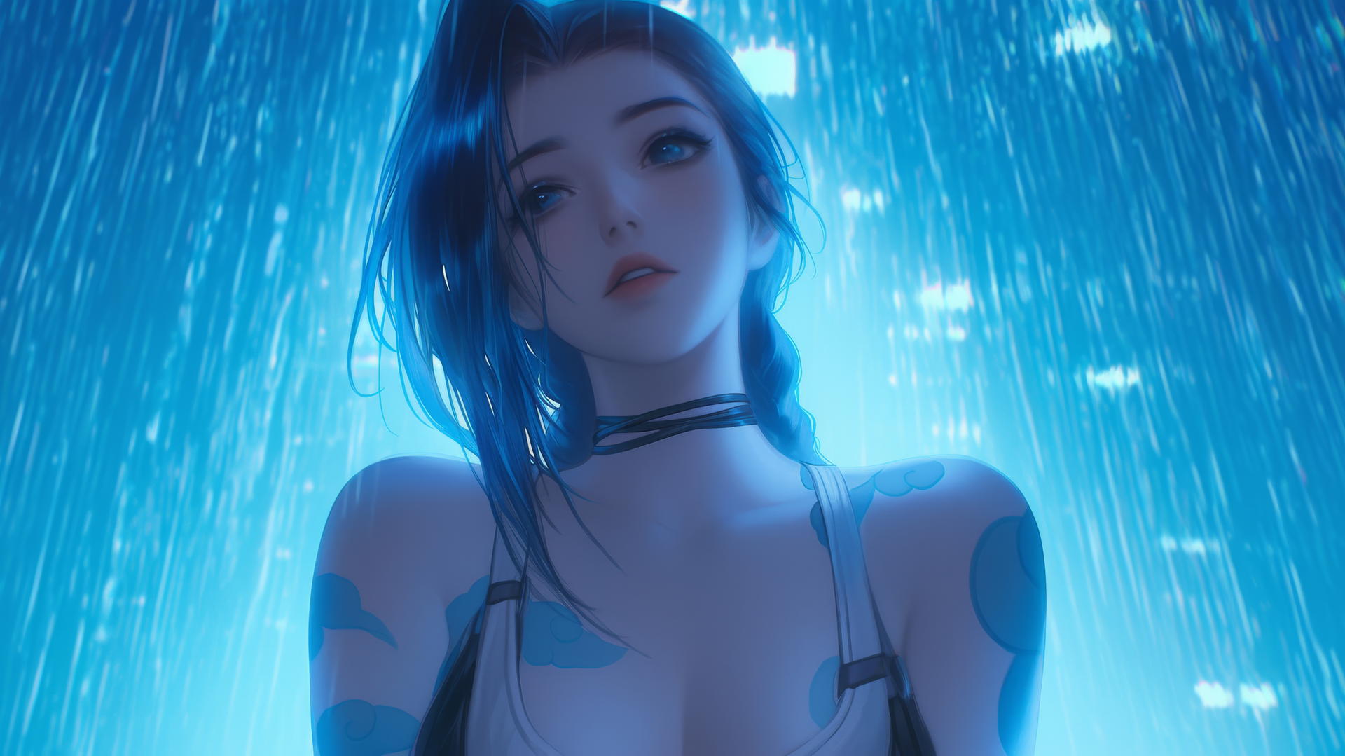 Jinx from League of Legends kneeling, seen from below, rainy neon-lit hotel ceiling behind her.