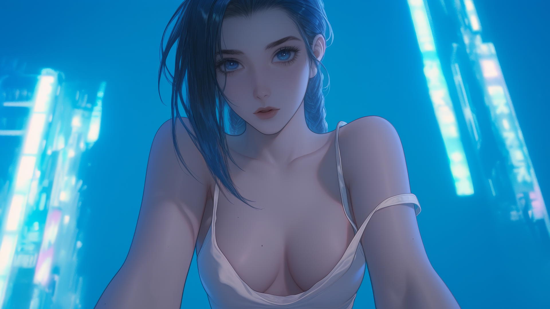 Jinx from League of Legends in a white t-shirt, seen from below with a neon-lit ceiling.