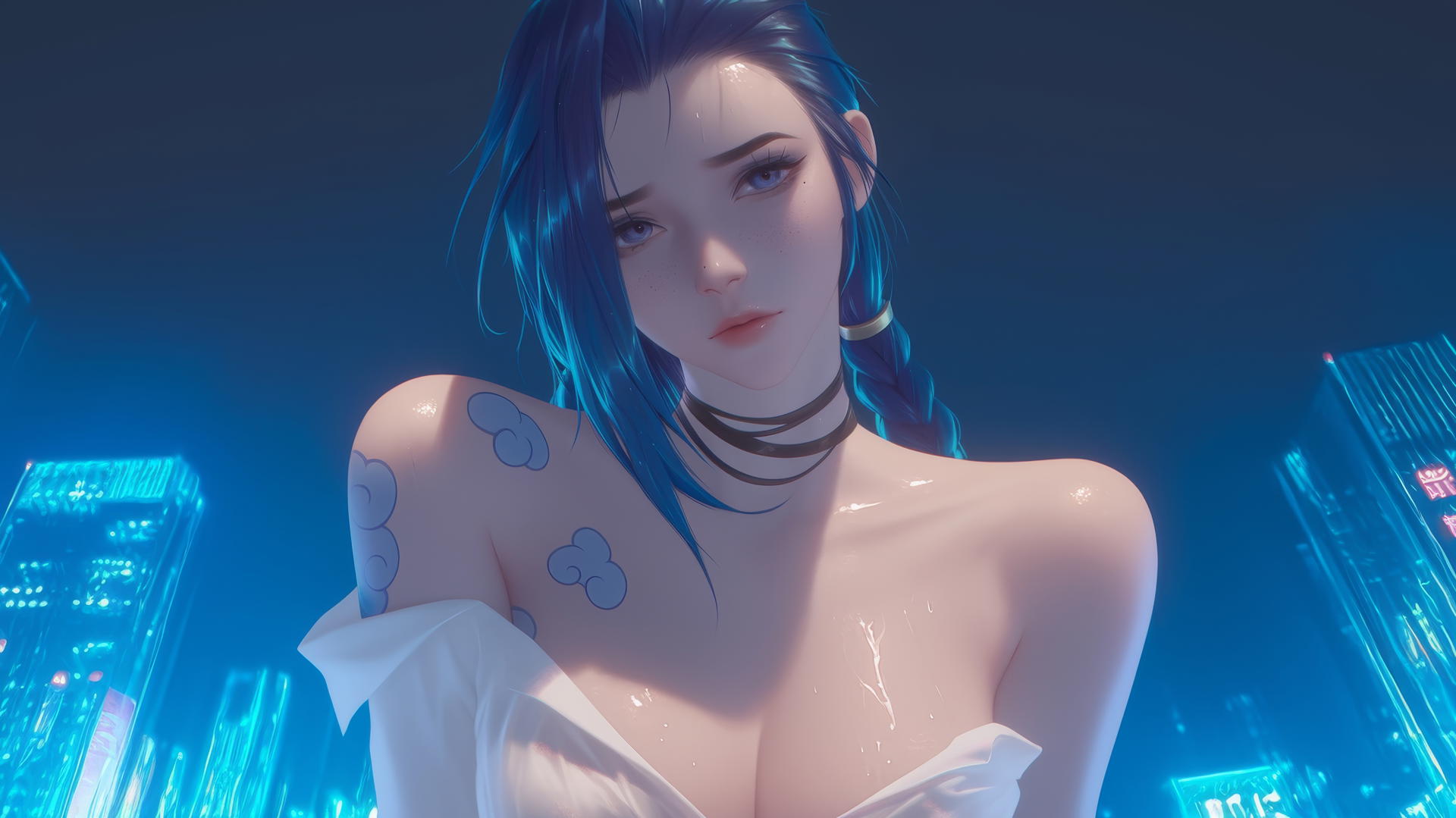 Jinx from League of Legends kneeling and looking down, neon-lit hotel ceiling background.