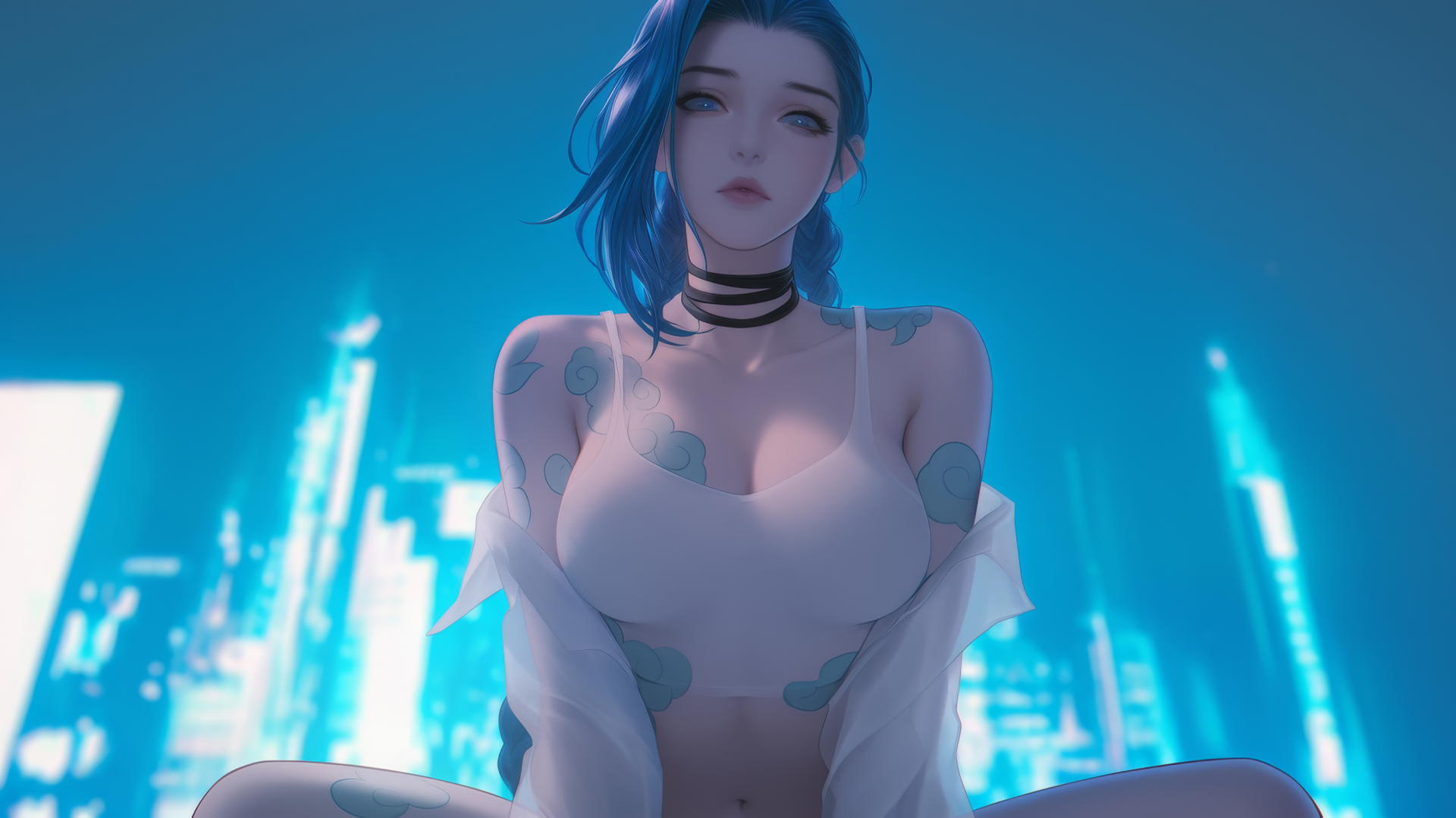 Jinx from League of Legends in a broken white office shirt, kneeling under neon-lit hotel ceiling.