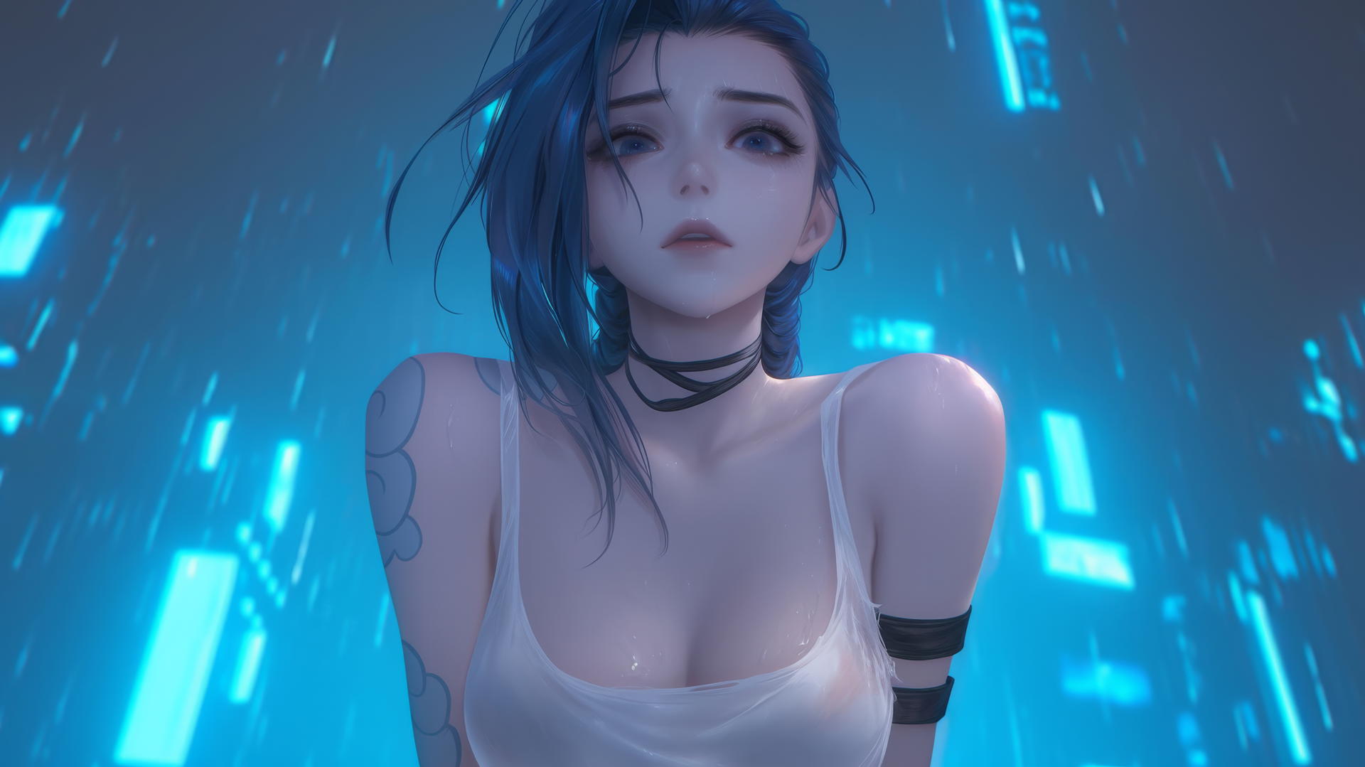 Jinx from League of Legends in a broken white t-shirt, neon-lit hotel ceiling background