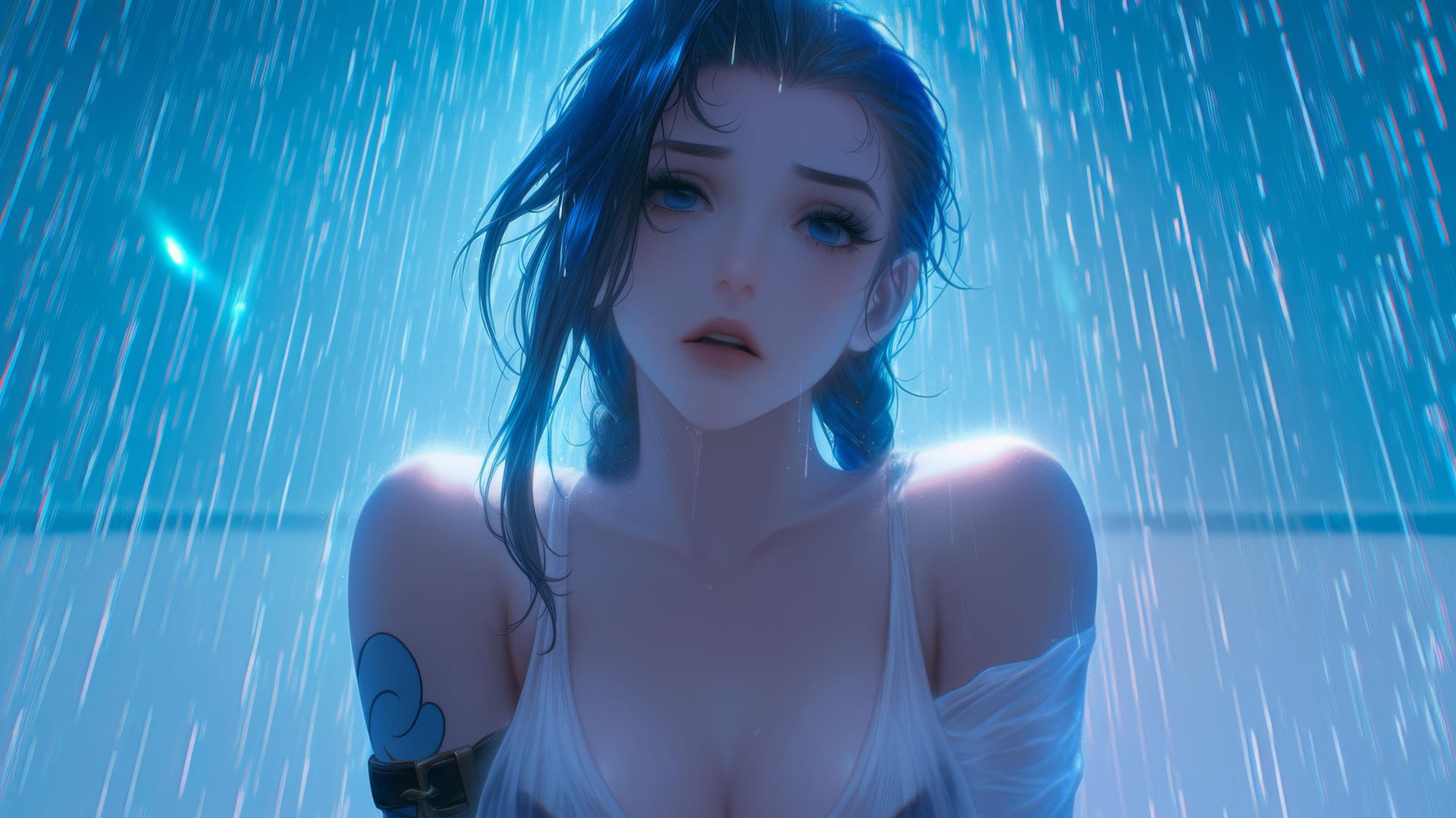 Jinx from League of Legends kneeling under a rainy hotel ceiling with neon lights, looking down.