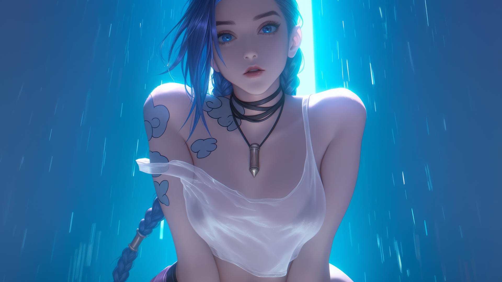 Jinx from League of Legends wearing a broken white t-shirt, leaning and looking down, with a neon-lit apartment ceiling background.
