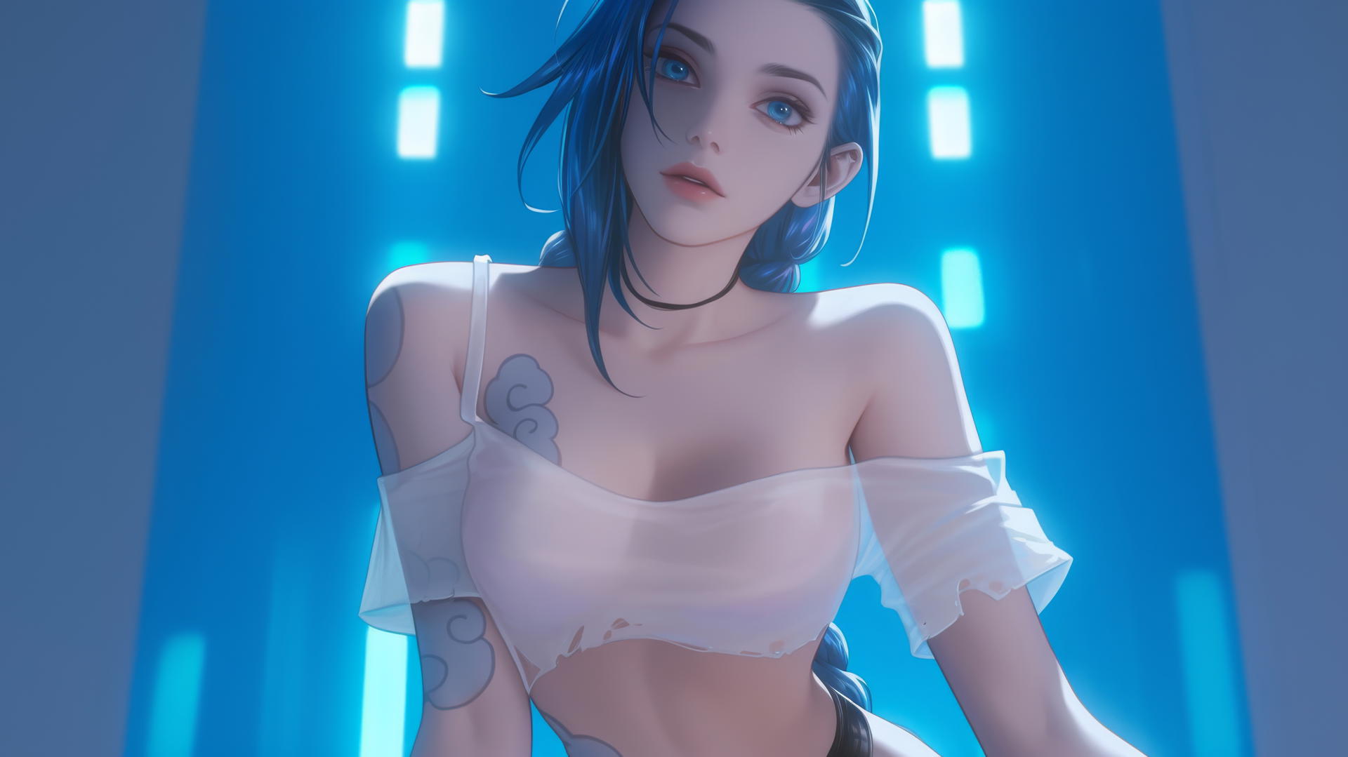 Jinx from League of Legends kneeling, leaning forward, warm light, apartment ceiling