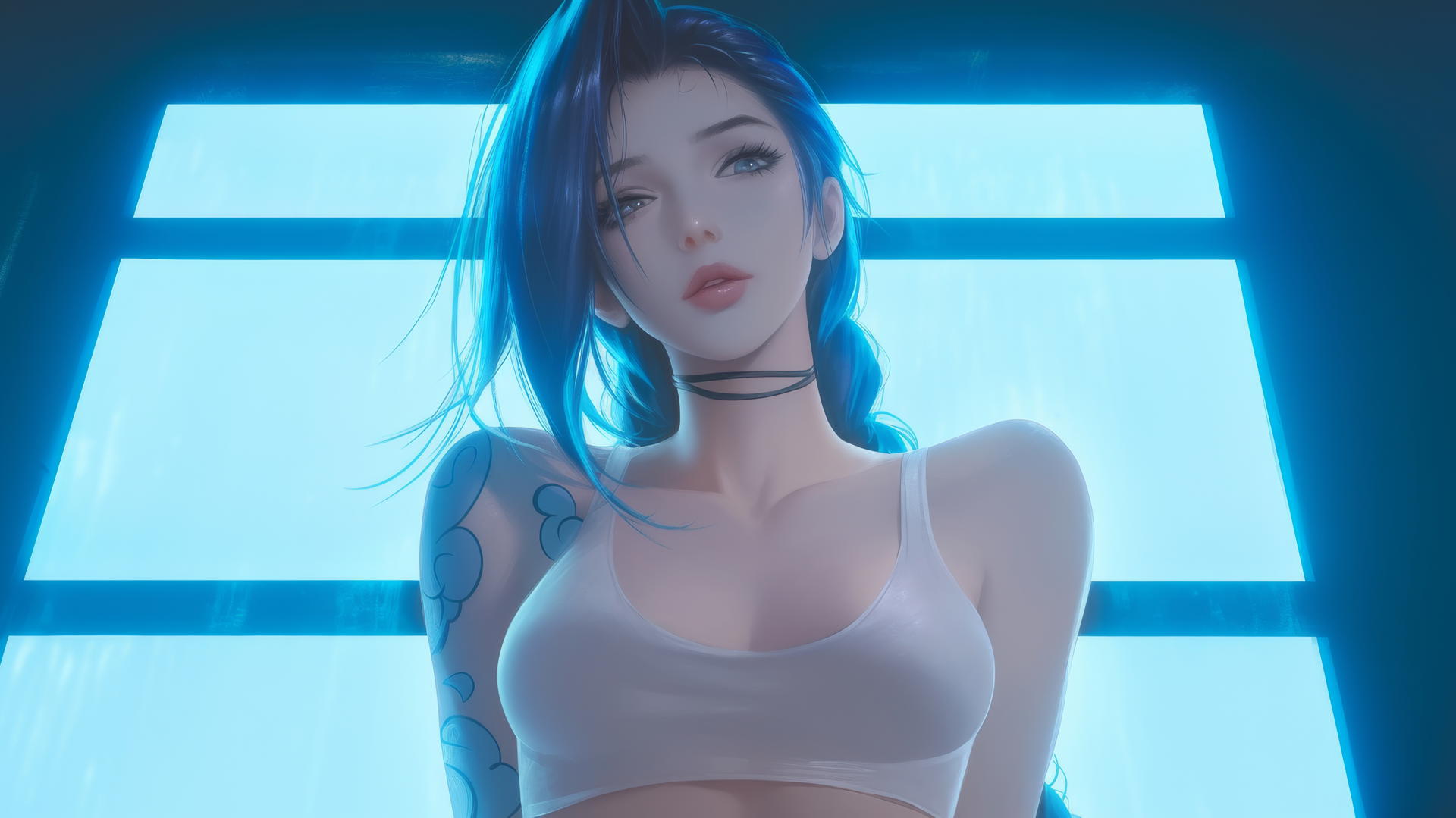 Jinx from League of Legends, seen from below, wearing a broken white t-shirt with an apartment ceiling as background, kneeling and looking straight down.