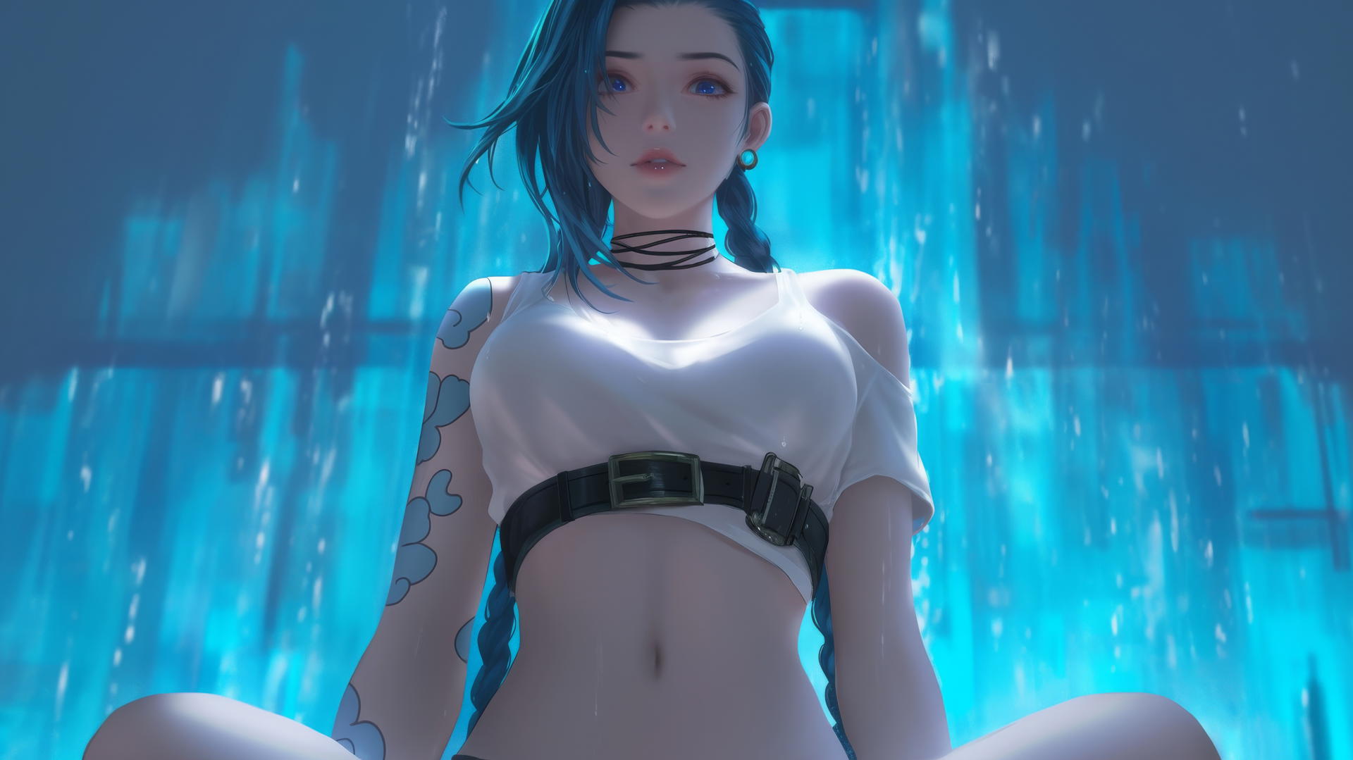 Jinx from League of Legends leaning in, wearing a broken white t-shirt, apartment ceiling background.