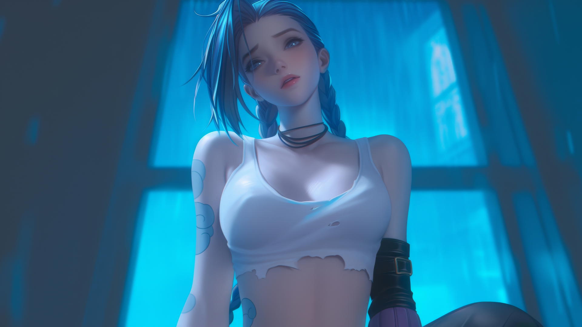 Jinx from League of Legends kneeling, wearing a broken white t-shirt, looking down with a ceiling background.