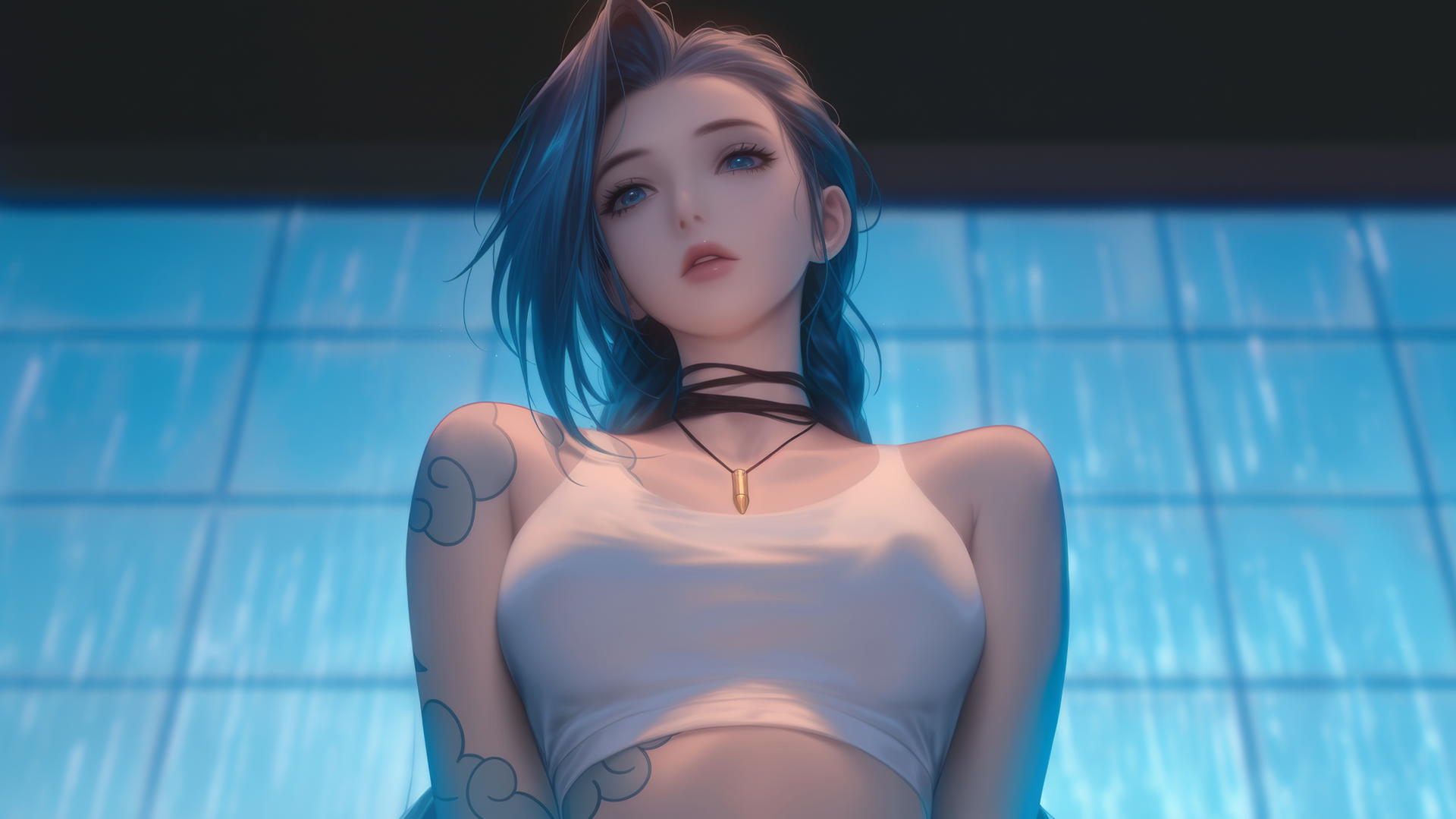 Jinx from League of Legends kneeling and looking down with warm light.