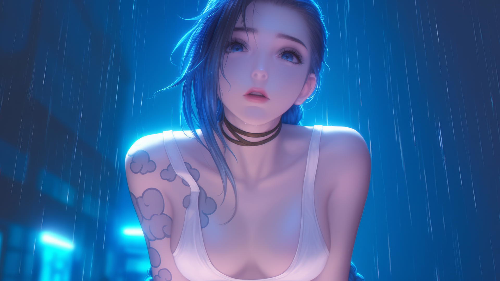 Jinx from League of Legends kneeling and leaning forward, with soft warm light.