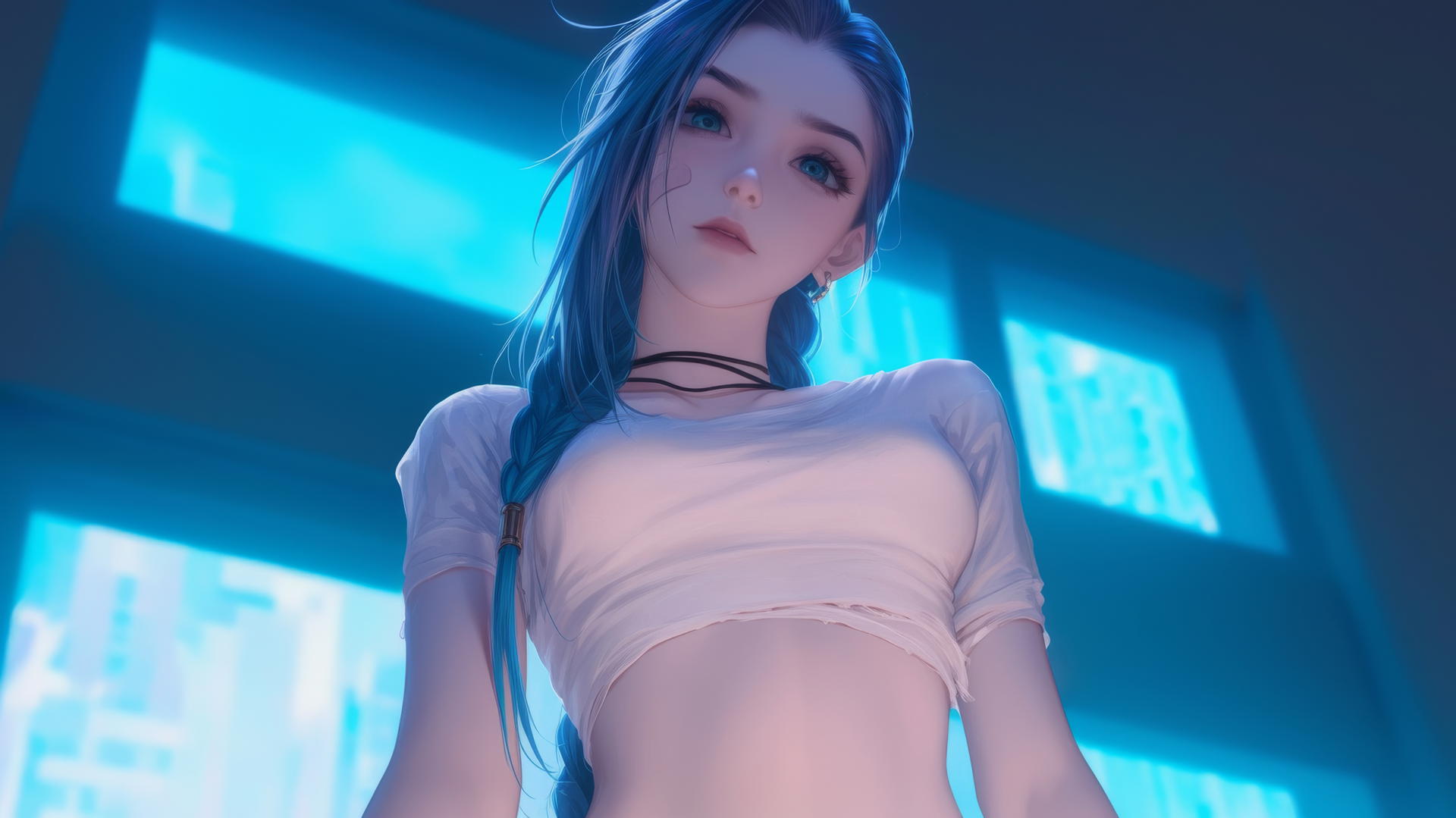 Jinx from League of Legends in broken white t-shirt, kneeling, with apartment ceiling background.