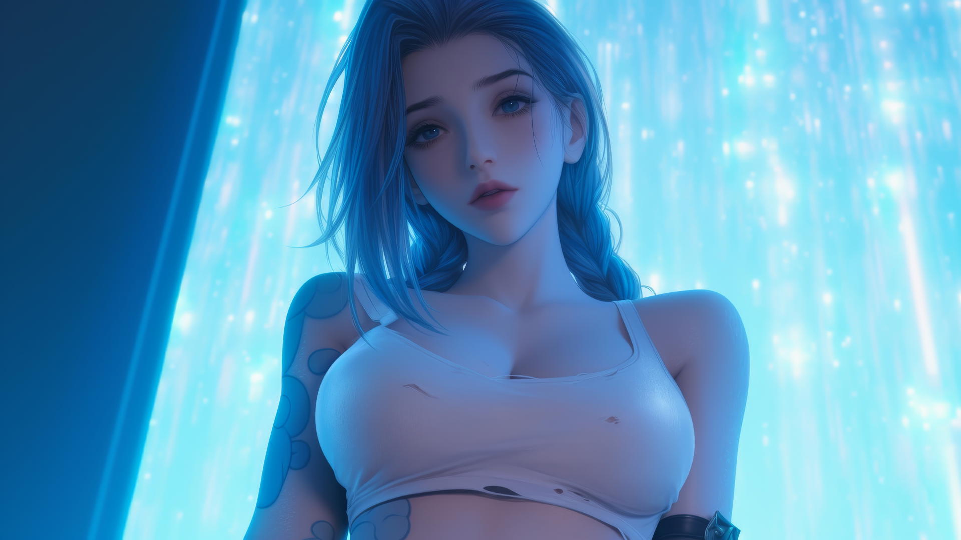 Jinx from League of Legends leaning forward, seen from below, with a ceiling background.
