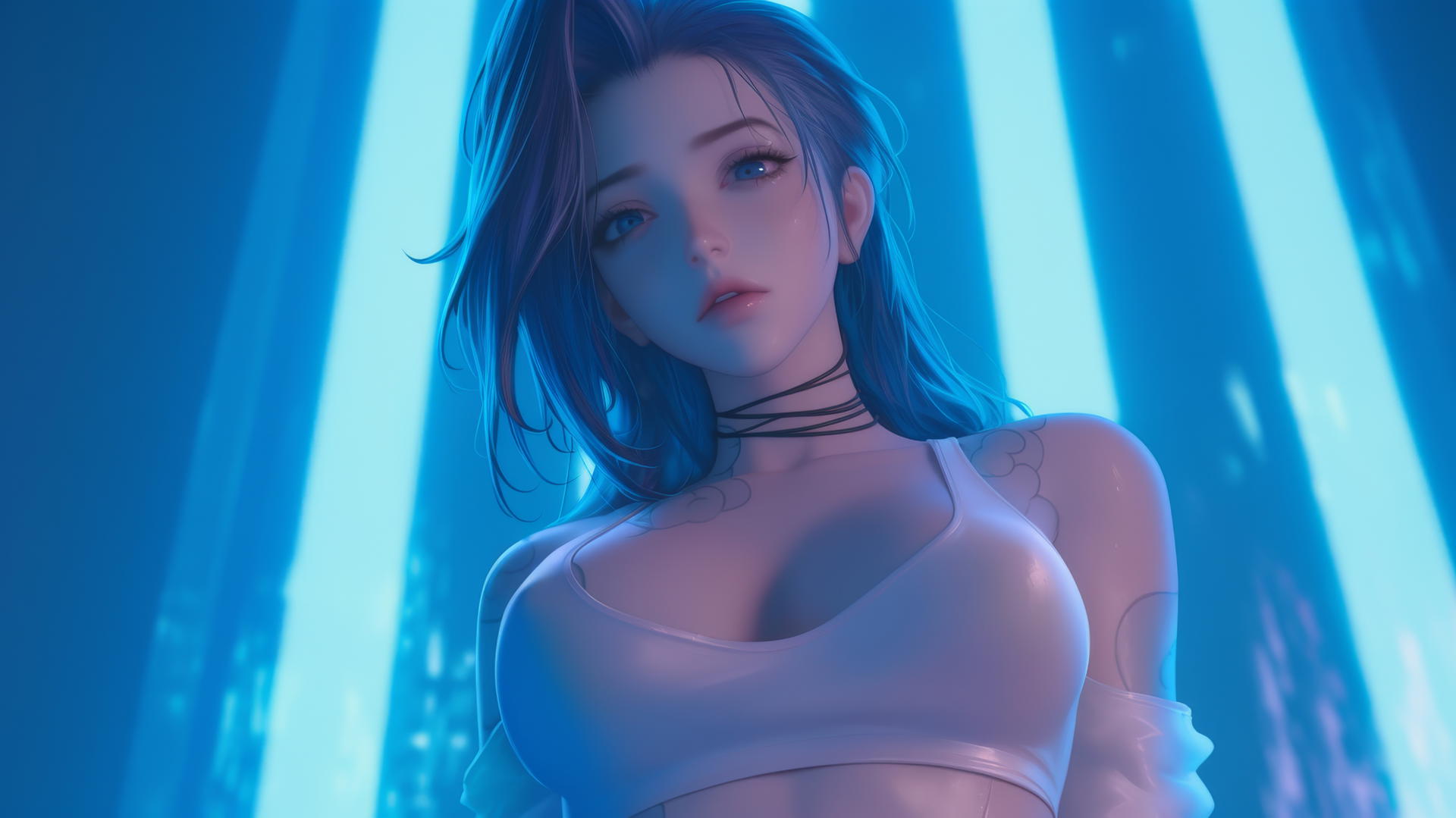 Jinx from League of Legends seen from below, wearing white t-shirt, warm light glow