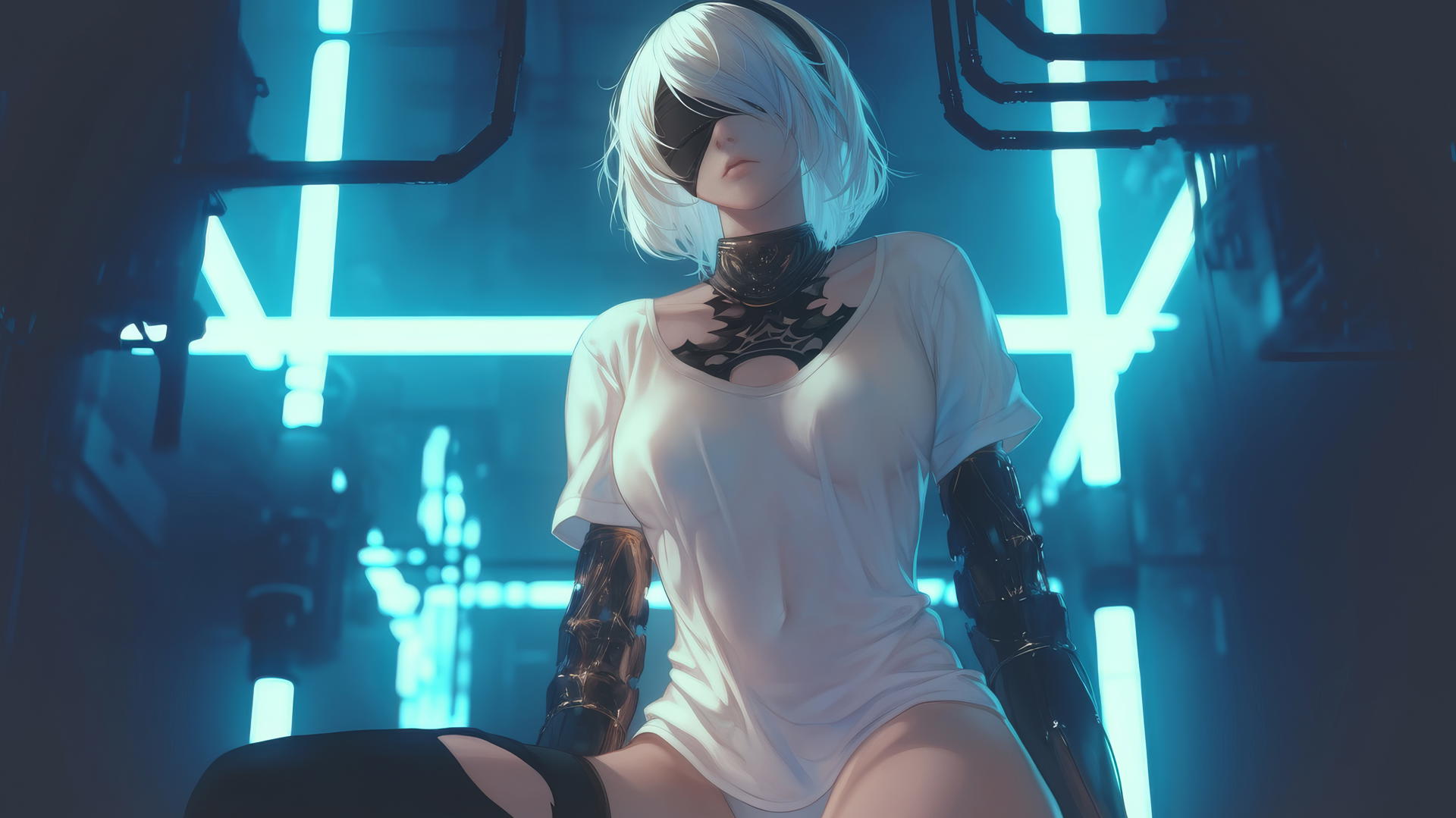 2B from Nier wearing a broken white t-shirt and blindfold, kneeling and leaning forward, with a hotel ceiling and neon light in the background.