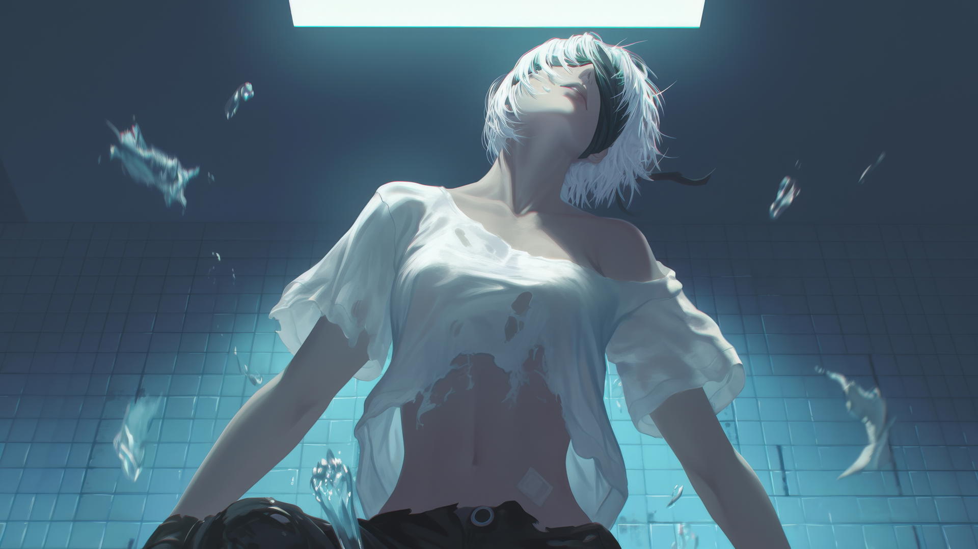 2B from Nier wearing a broken white t-shirt and blindfold, looking down with a hotel ceiling and neon light in the background.