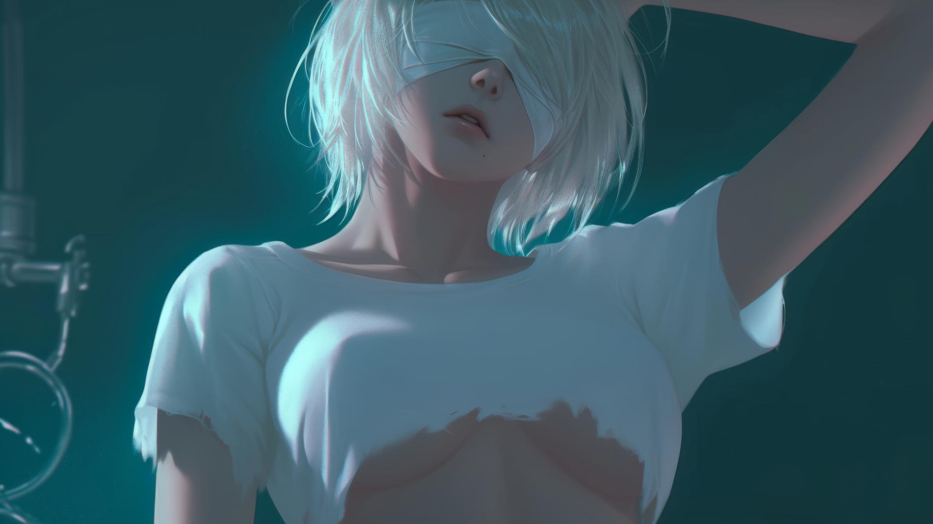 2B from Nier in a broken white t-shirt, wearing a blindfold, kneeling under neon-lit hotel ceiling.