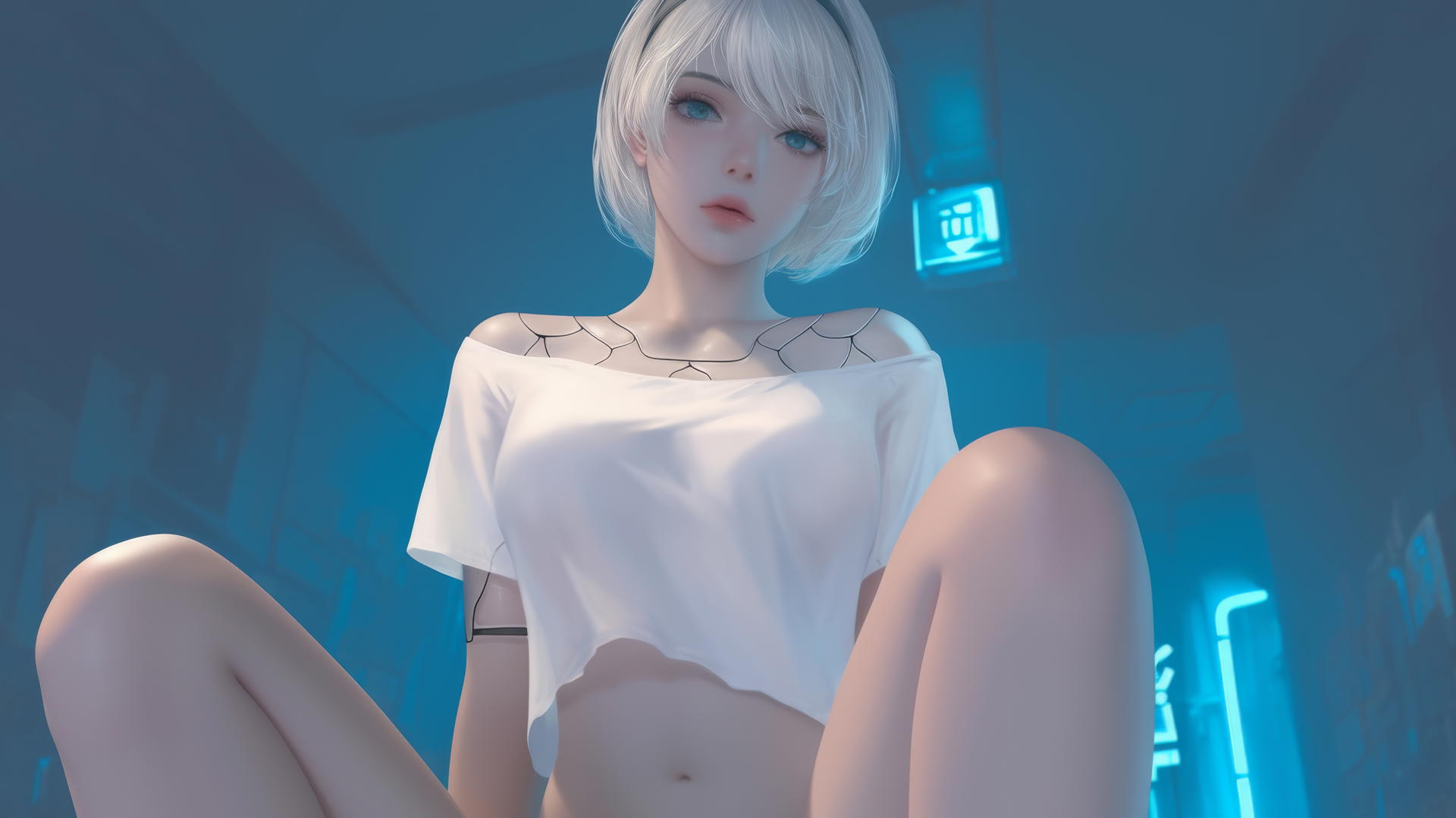 2B from Nier kneeling, wearing a broken white t-shirt and blindfold, with a soft neon-lit hotel ceiling in the background.