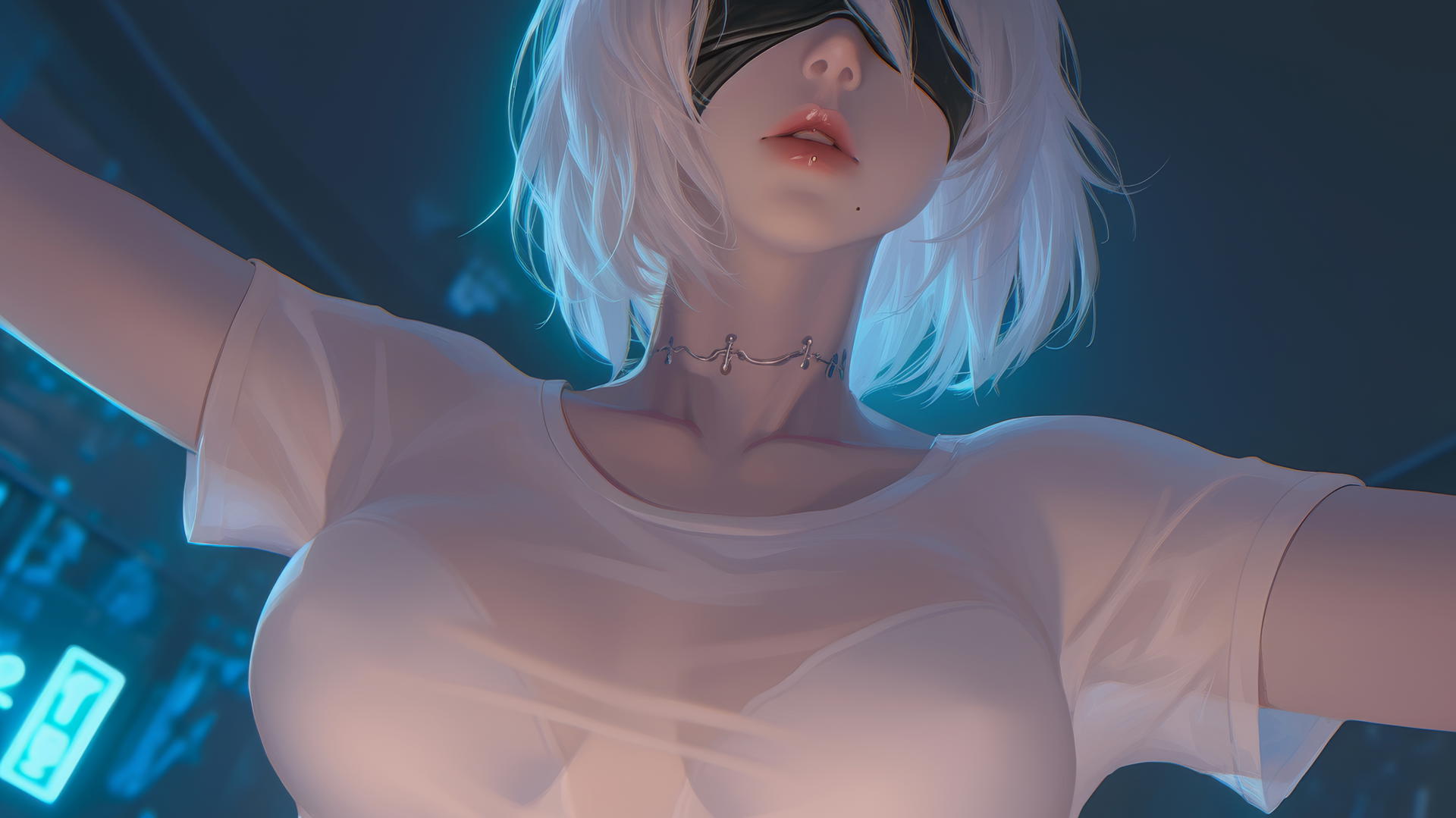 2B from Nier in a broken white t-shirt, kneeling, with a hotel ceiling and neon lighting behind her.