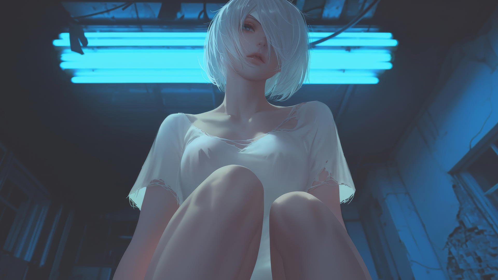 2B from Nier leaning and kneeling, wearing broken white t-shirt, with neon-lit hotel ceiling behind.