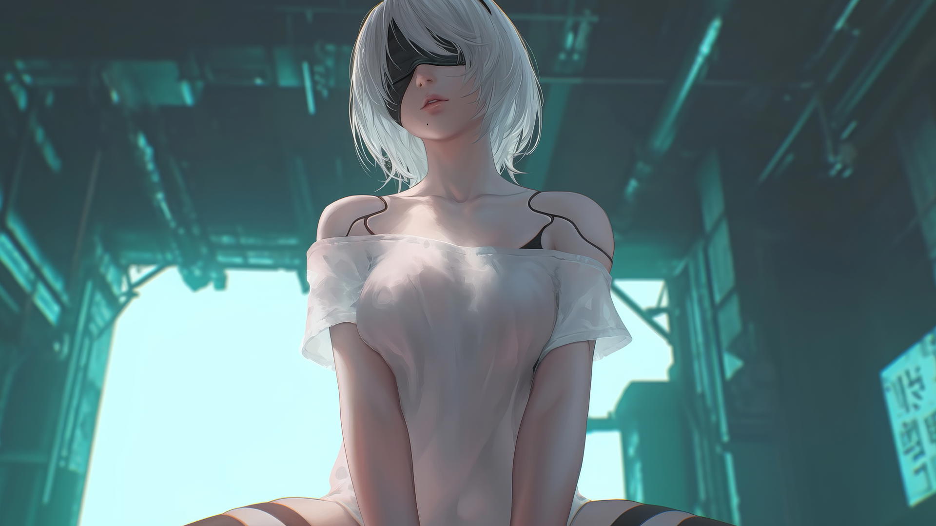 2B from Nier leaning forward, wearing a broken white t-shirt and a blindfold, with a hotel ceiling and neon lights in the background