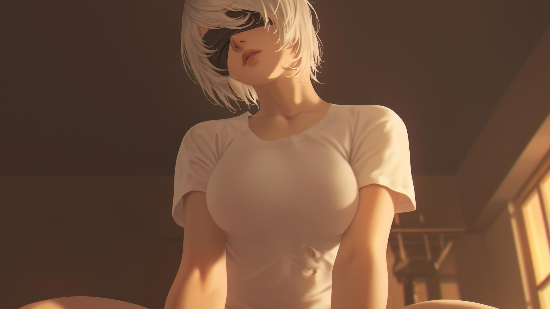 2B from Nier in a broken white t-shirt, blindfolded, leaning down in a hotel with neon lights.