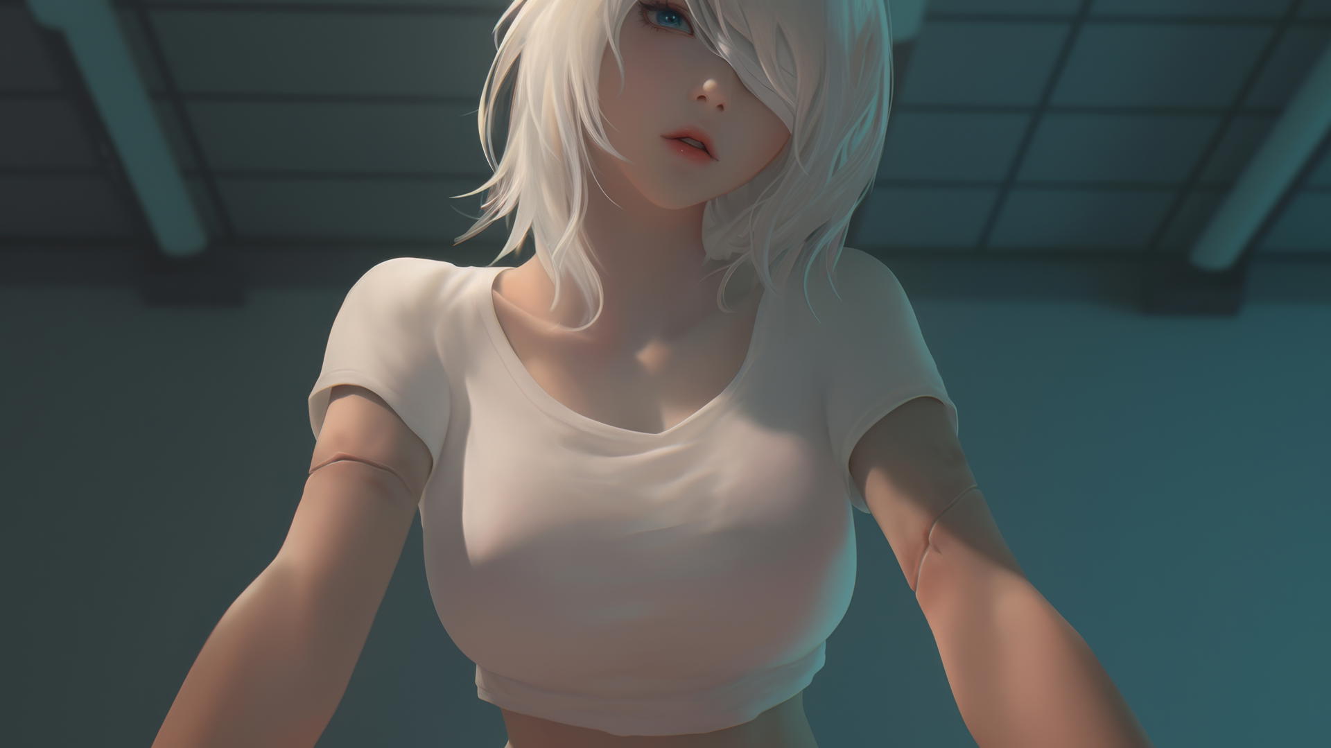 2B from Nier kneeling, leaning forward, wearing a broken white t-shirt and blindfold, with hotel ceiling and neon lights above.