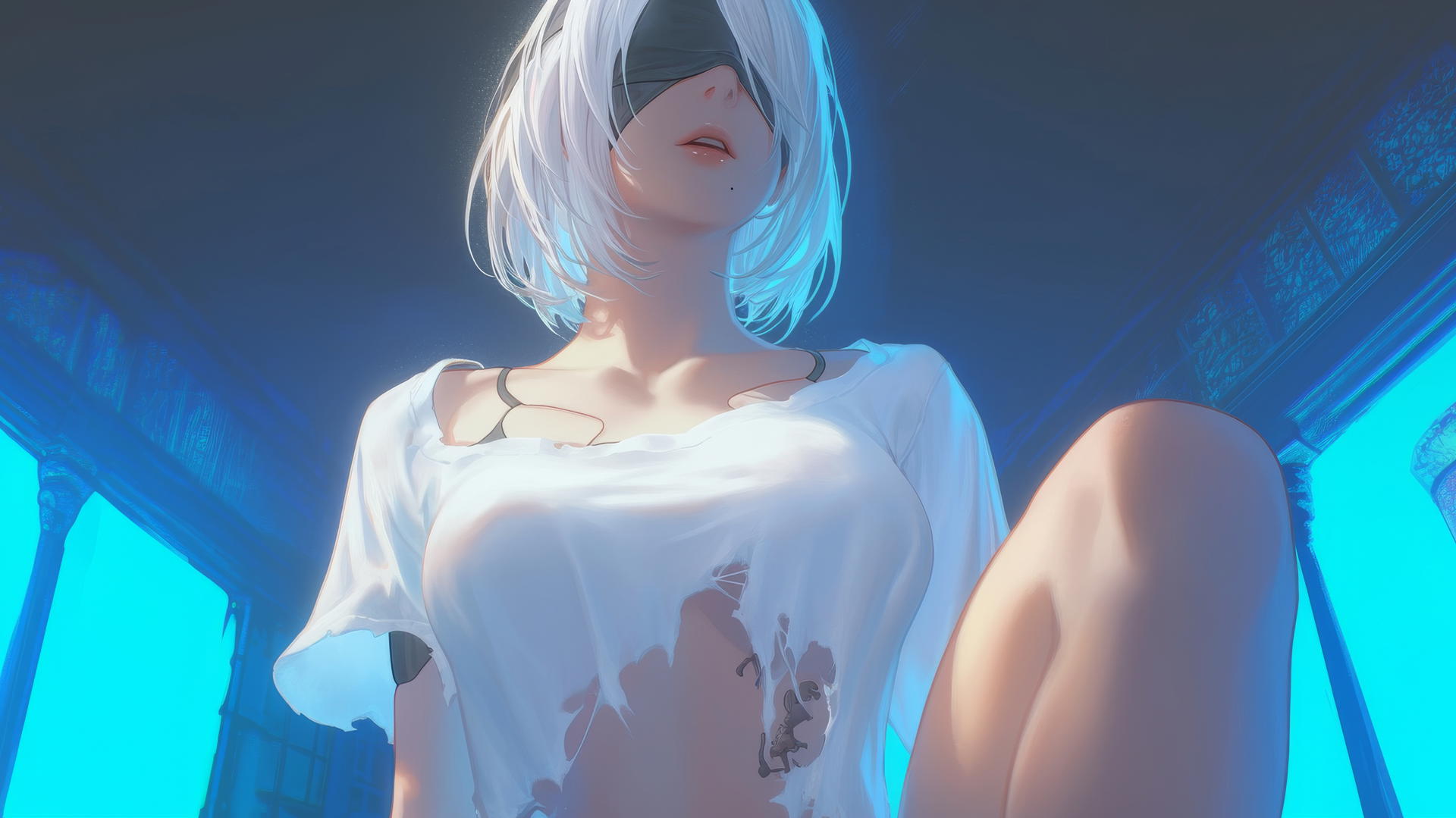 2B from Nier howling, seen from below, in a broken white T-shirt and blindfold, with a softly glowing hotel ceiling in the background.