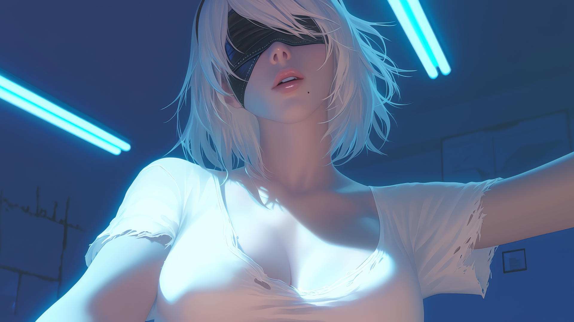 2B from Nier, wearing a broken white t-shirt and blindfold, howling under a softly glowing hotel ceiling.