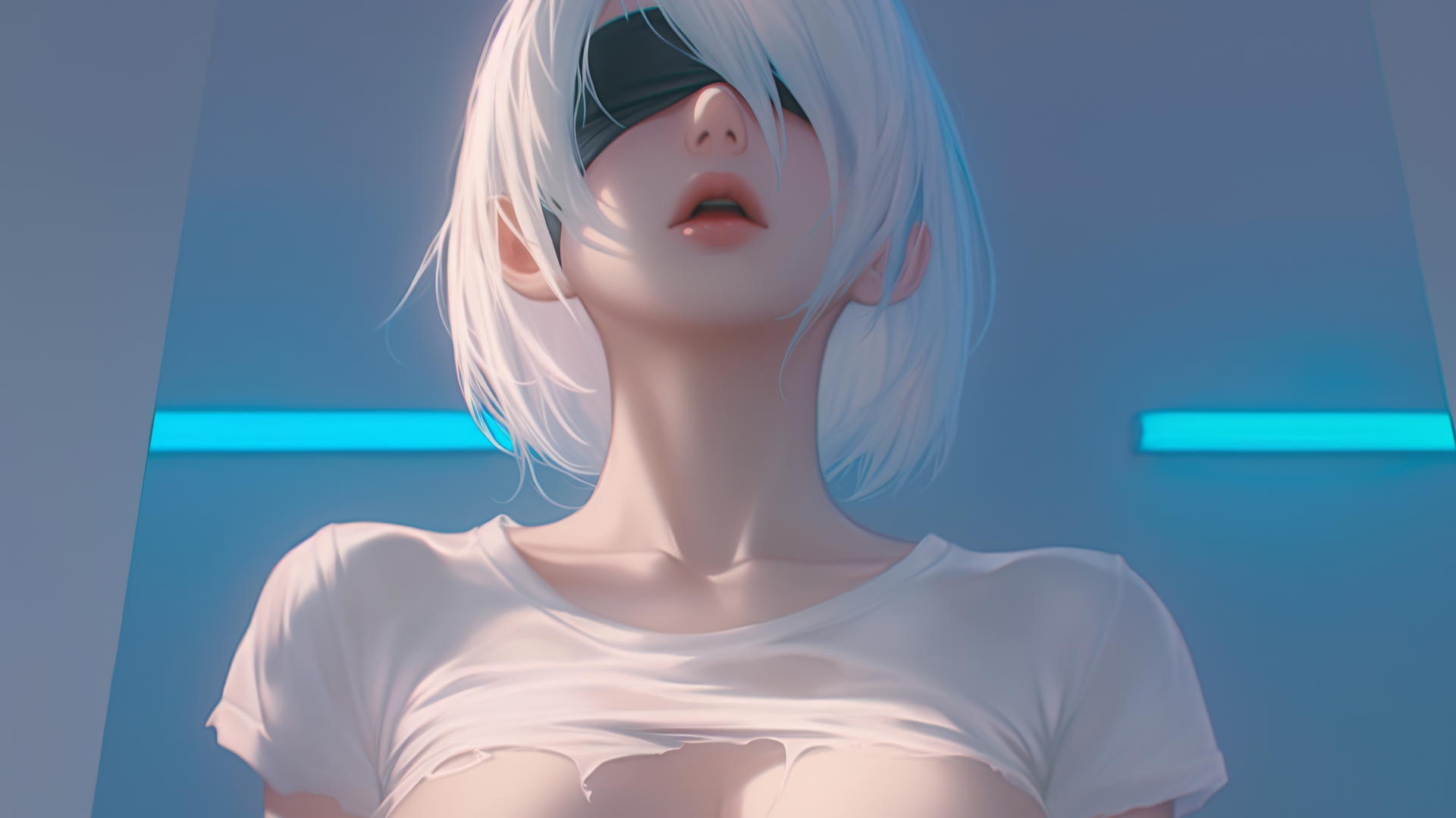 2B from Nier kneeling, wearing a broken white t-shirt and blindfold, under neon-lit hotel ceiling.