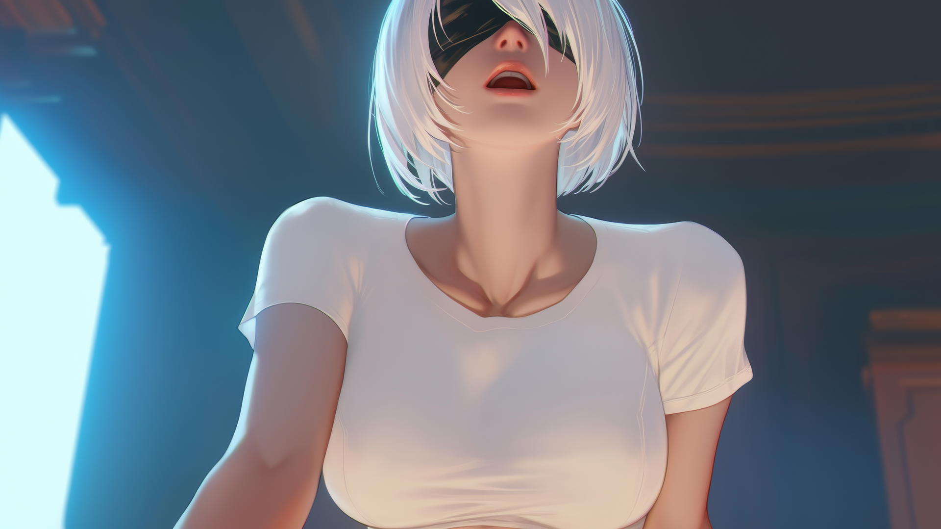2B from Nier in a torn white t-shirt, kneeling, with a neon-lit hotel ceiling background.