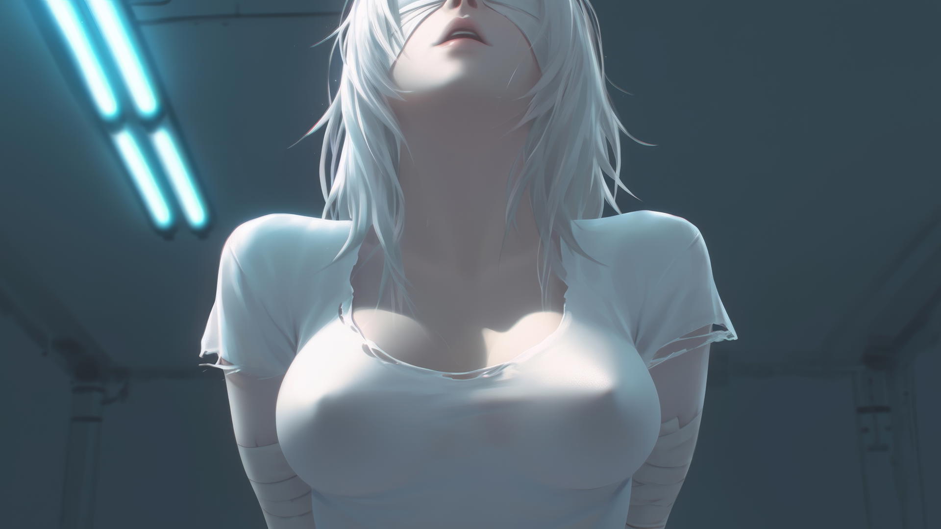 2B from Nier in broken white T-shirt with blindfold howling, seen from below with neon-lit hotel ceiling in the background.