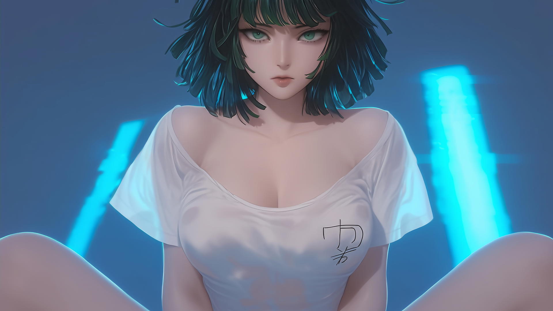 Fubuki from One Punch Man with dark green bobbed hair and light green eyes, kneeling and leaning forward, under a neon-lit hotel ceiling, wearing a broken white t-shirt.