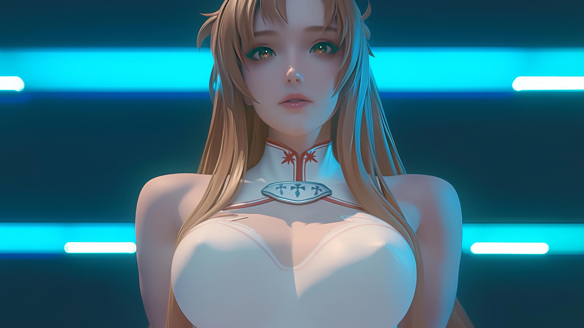 Asuna from Sword Art Online kneels and looks down, illuminated by neon hotel ceiling lights.