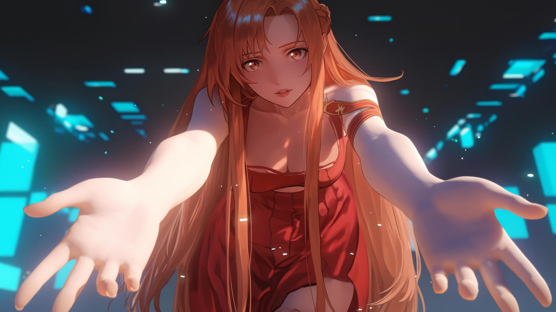 Asuna from Sword Art Online kneeling and leaning forward under a hotel ceiling with soft neon light, looking down with hazel eyes and long strawberry blond hair.