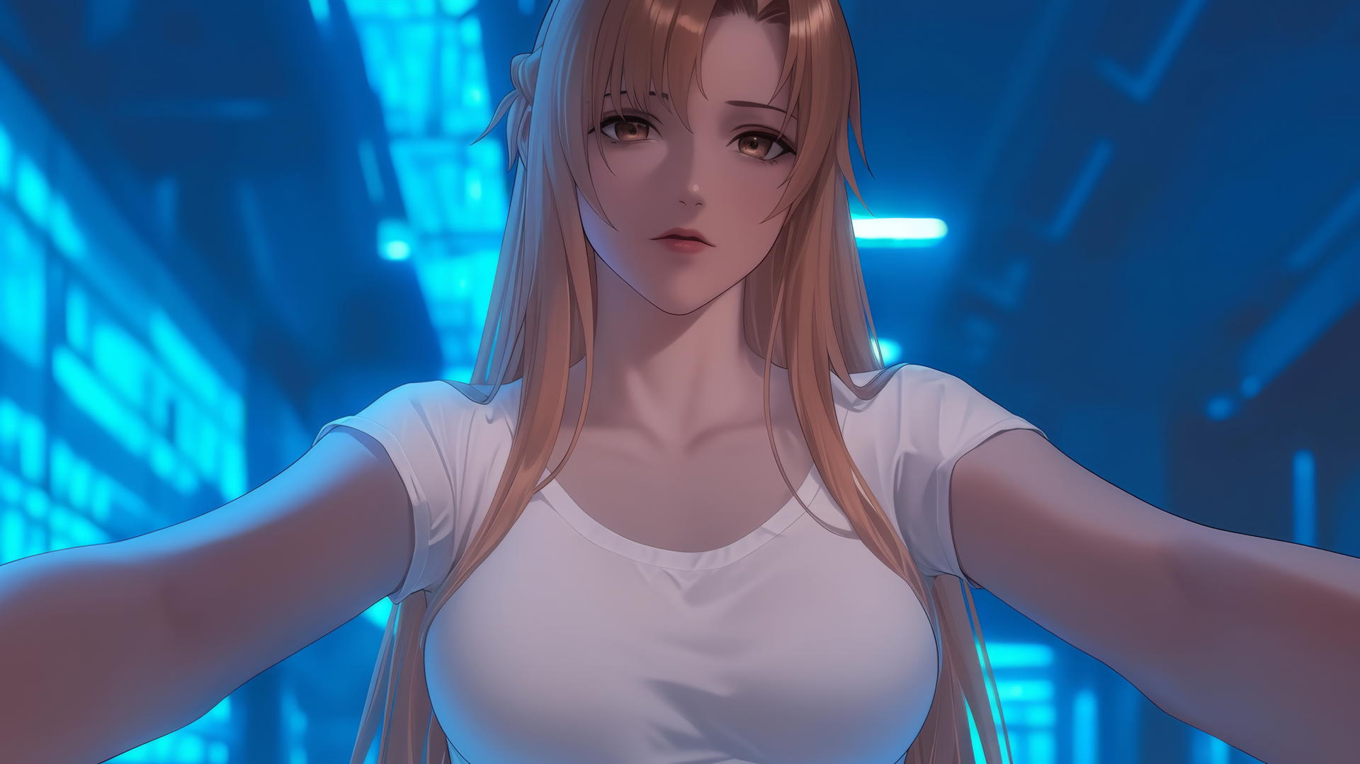 Asuna from Sword Art Online kneeling, looking down, neon-lit hotel ceiling background