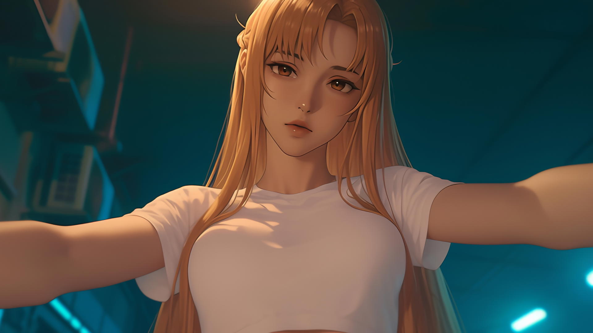 Asuna from Sword Art Online with long strawberry blond hair, wearing a white t-shirt, kneeling and leaning forward under hotel ceiling lights.