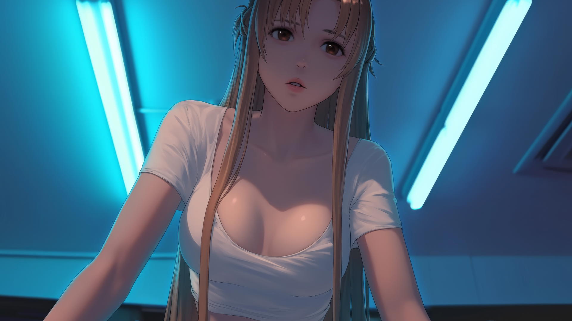 Asuna from Sword Art Online kneeling and looking down, neon-lit hotel ceiling background