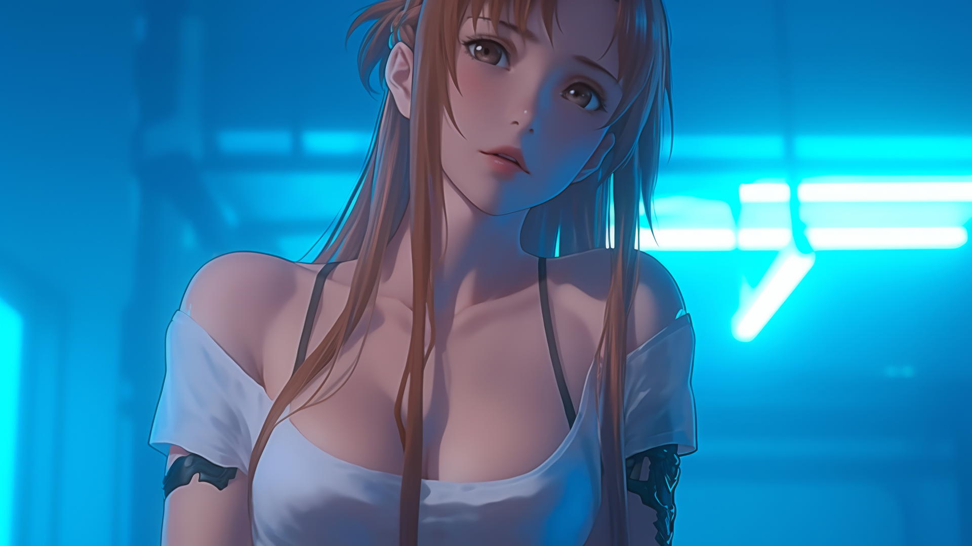 Asuna from Sword Art Online leaning forward, kneeling under a hotel ceiling.