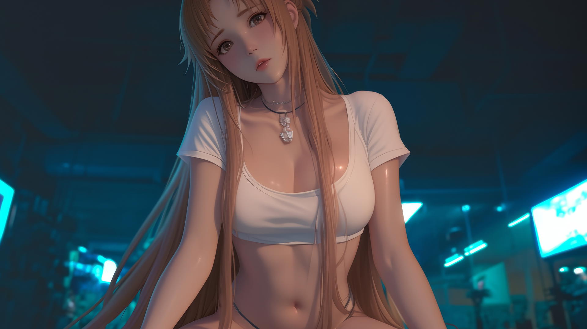 Asuna from Sword Art Online, seen from below, kneeling and looking down with strawberry blonde hair and hazel eyes, under hotel ceiling with neon light glow.