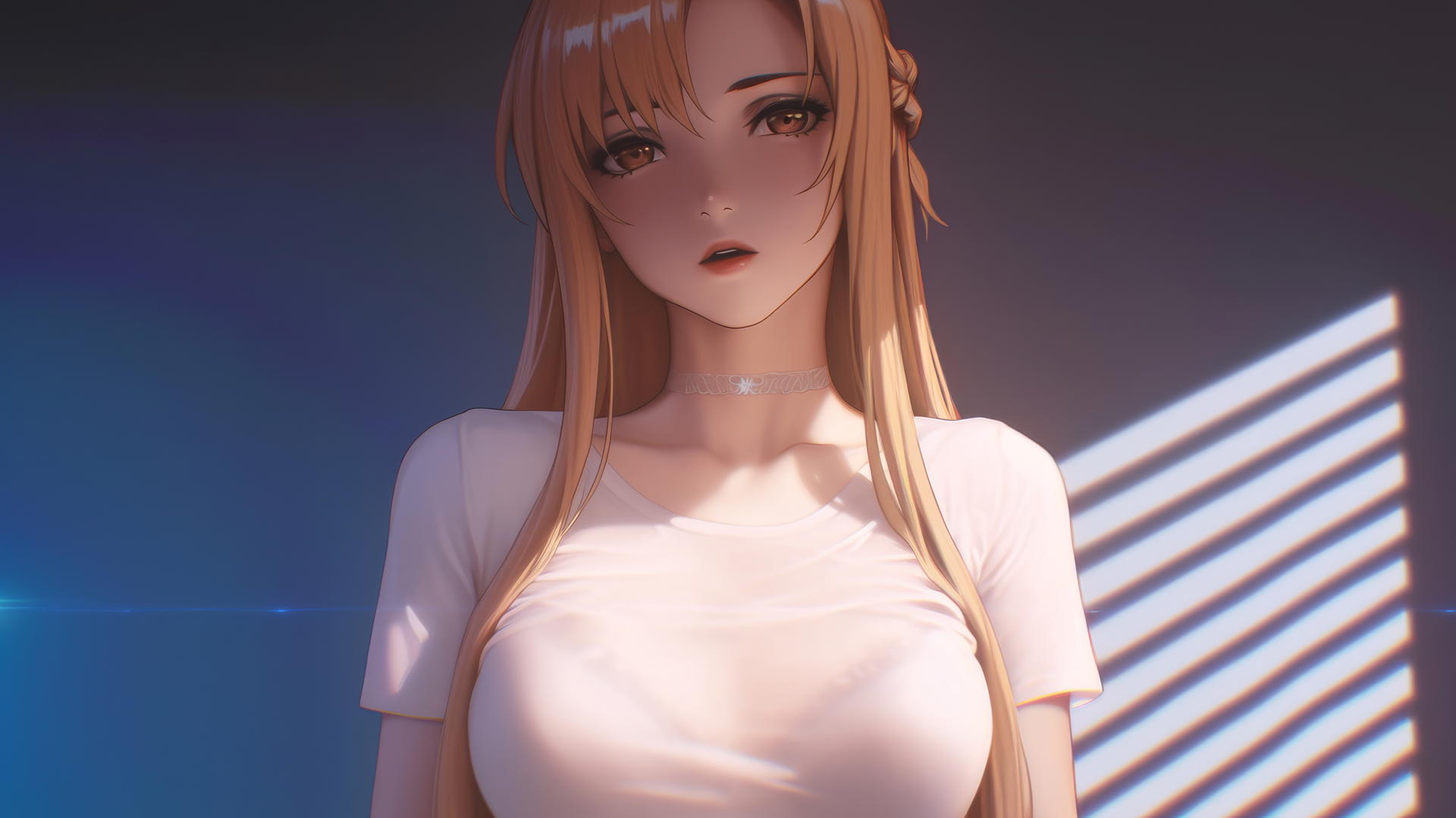 Asuna from Sword Art Online, seen from below with a hotel ceiling background, neon-lit glow.