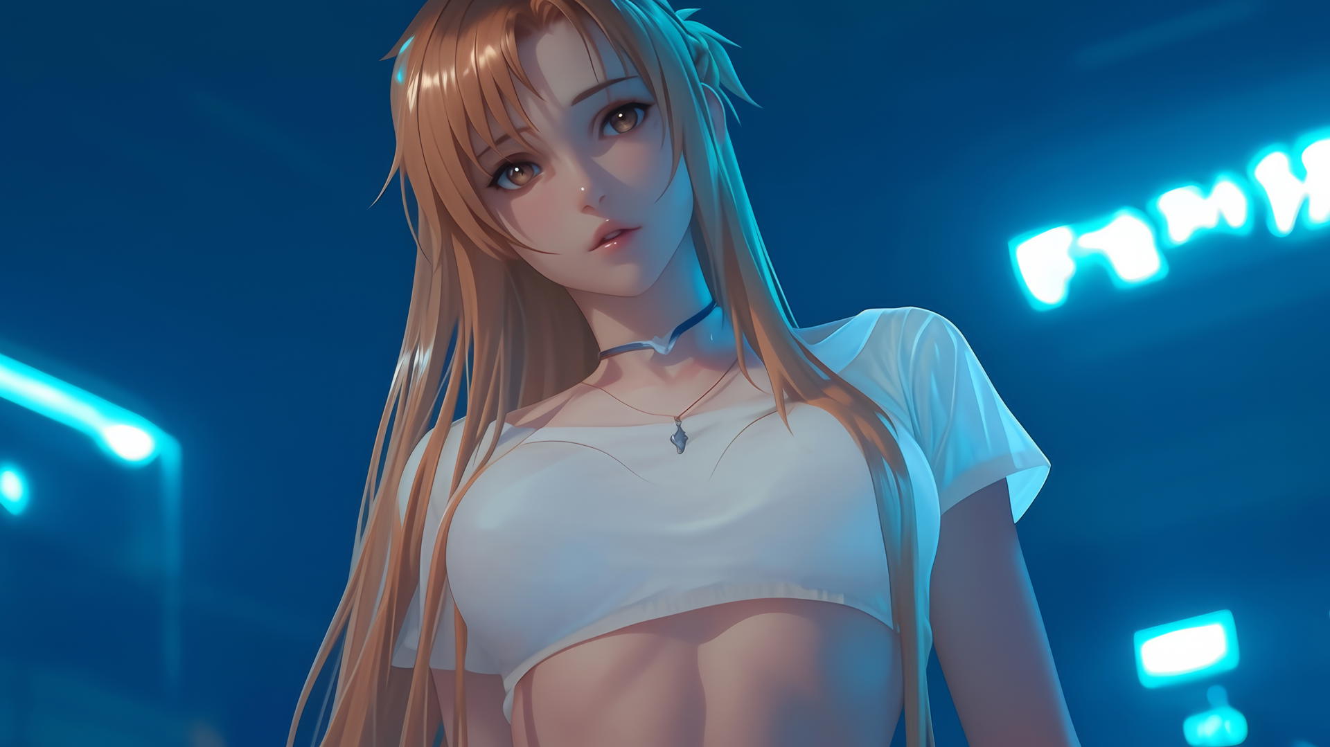 Asuna from Sword Art Online kneeling, looking down with neon-lit hotel ceiling background