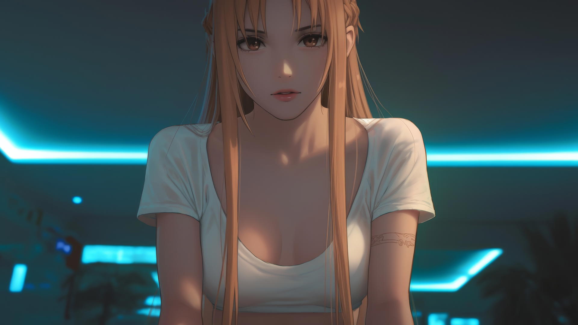 Asuna from Sword Art Online kneeling, neon lighting, hotel ceiling background