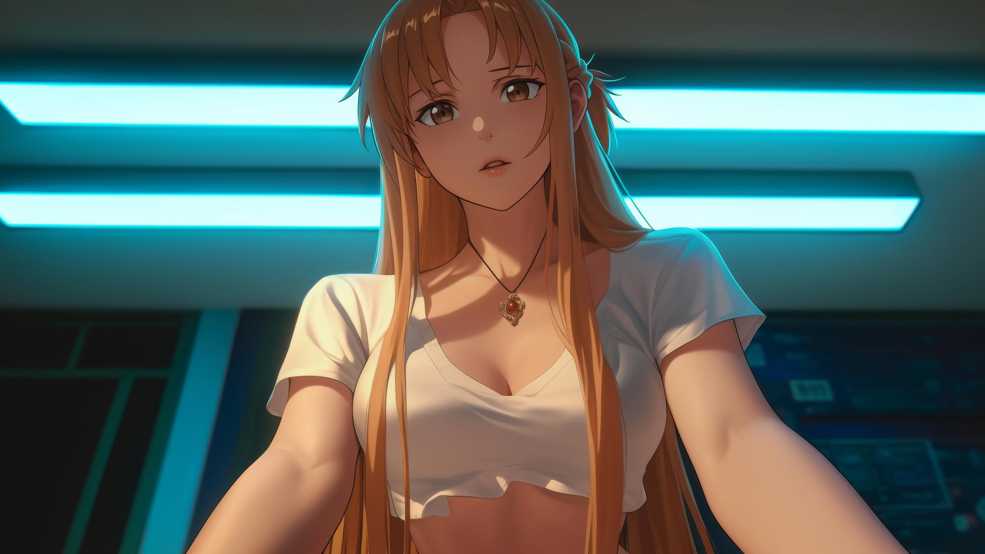 Asuna from Sword Art Online leaning down, wearing a white t-shirt in a softly lit hotel room.