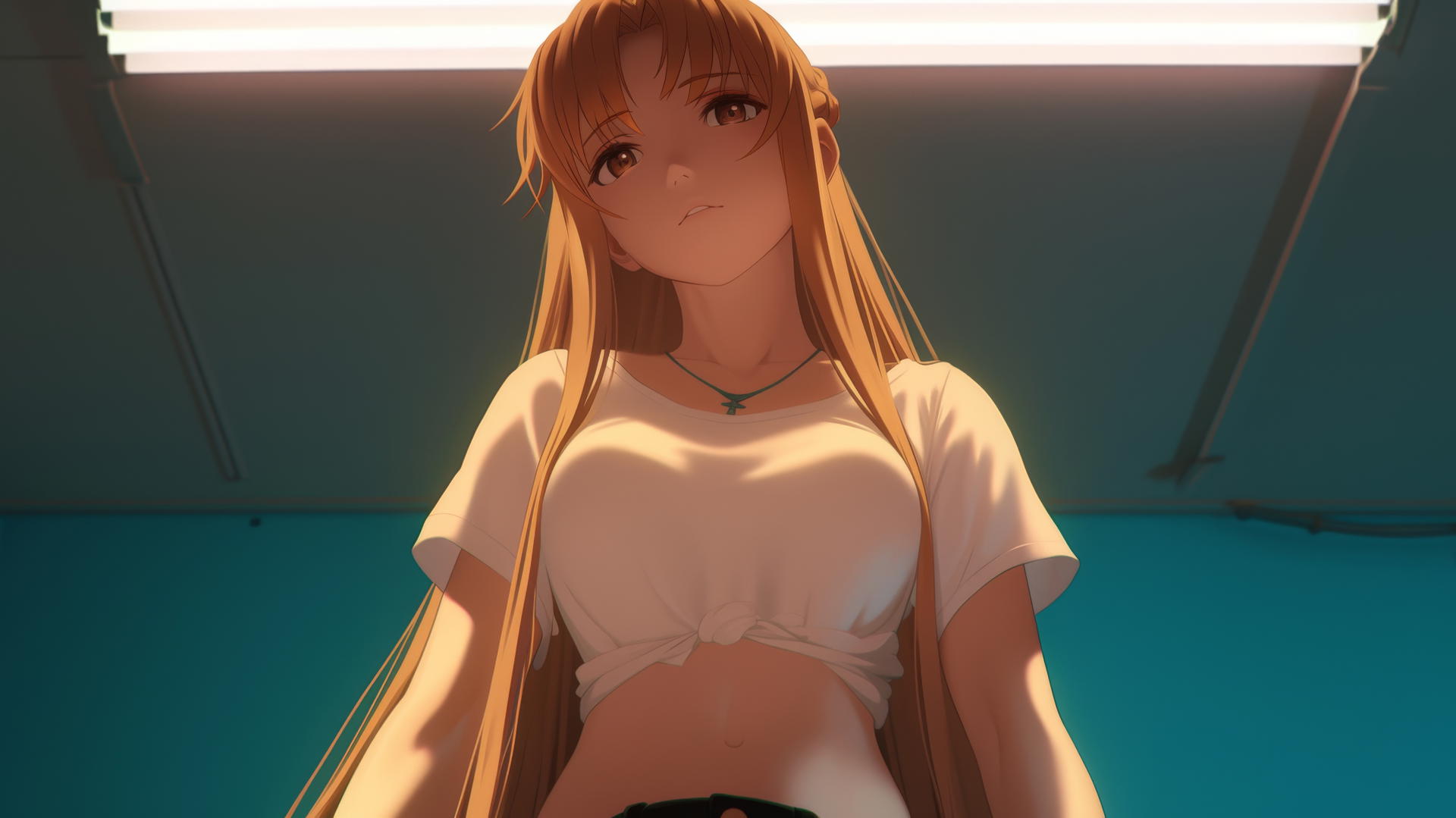 Asuna from Sword Art Online kneeling and leaning, with a soft neon light glow from the hotel ceiling.