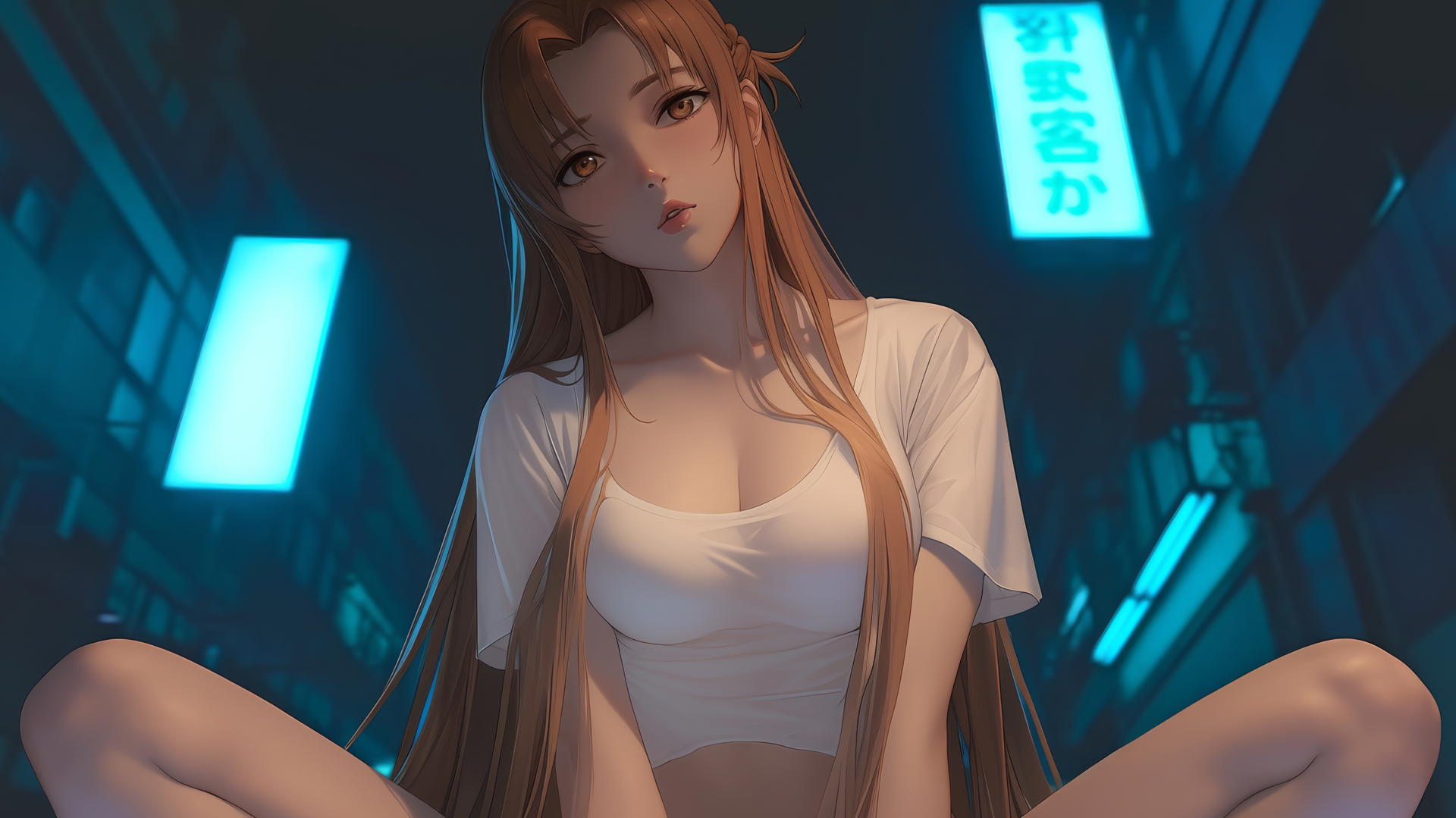 Asuna from Sword Art Online leaning, seen from below with hotel ceiling in background.